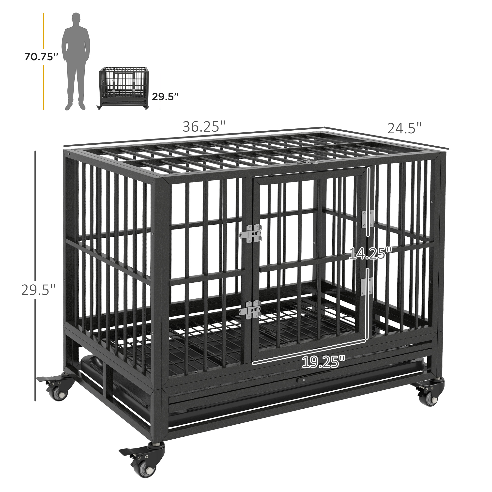 Jaula para Perro de 36" Ultra Resistente de Metal con Ruedas con Freno, Doble Puerta y Bandeja Extraíble, Gris — imagen 4