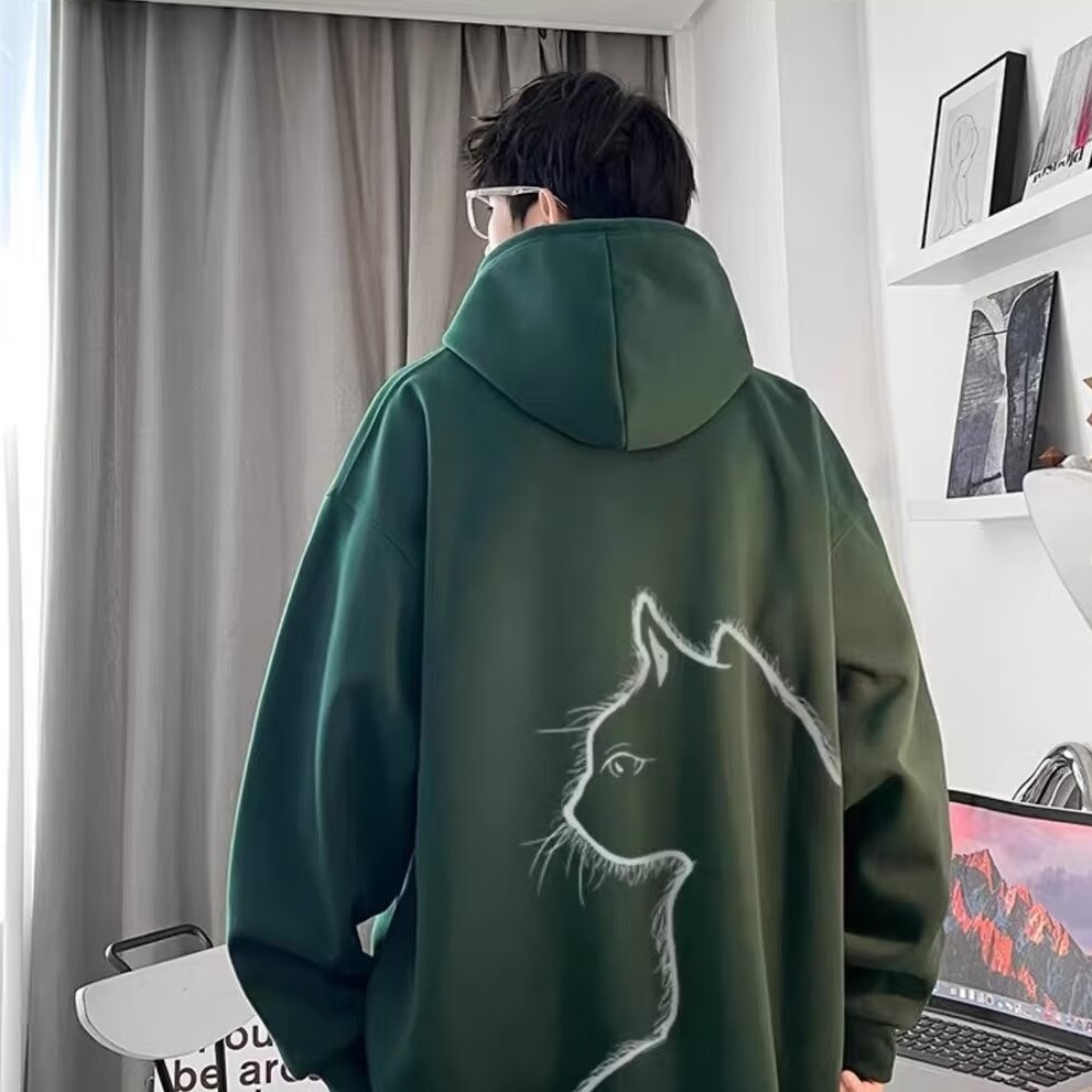 Unisex Casual Cartoon Cat Print Long Sleeve Fleece Lined Hooded Sweatshirt — image 4