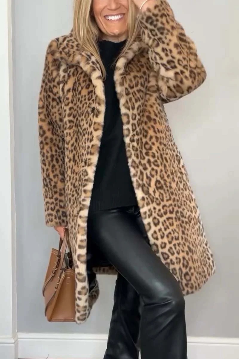 Abr Verano Capa de Piel Plush con Estampado de Leopardo de Longitud Media — imagen 8