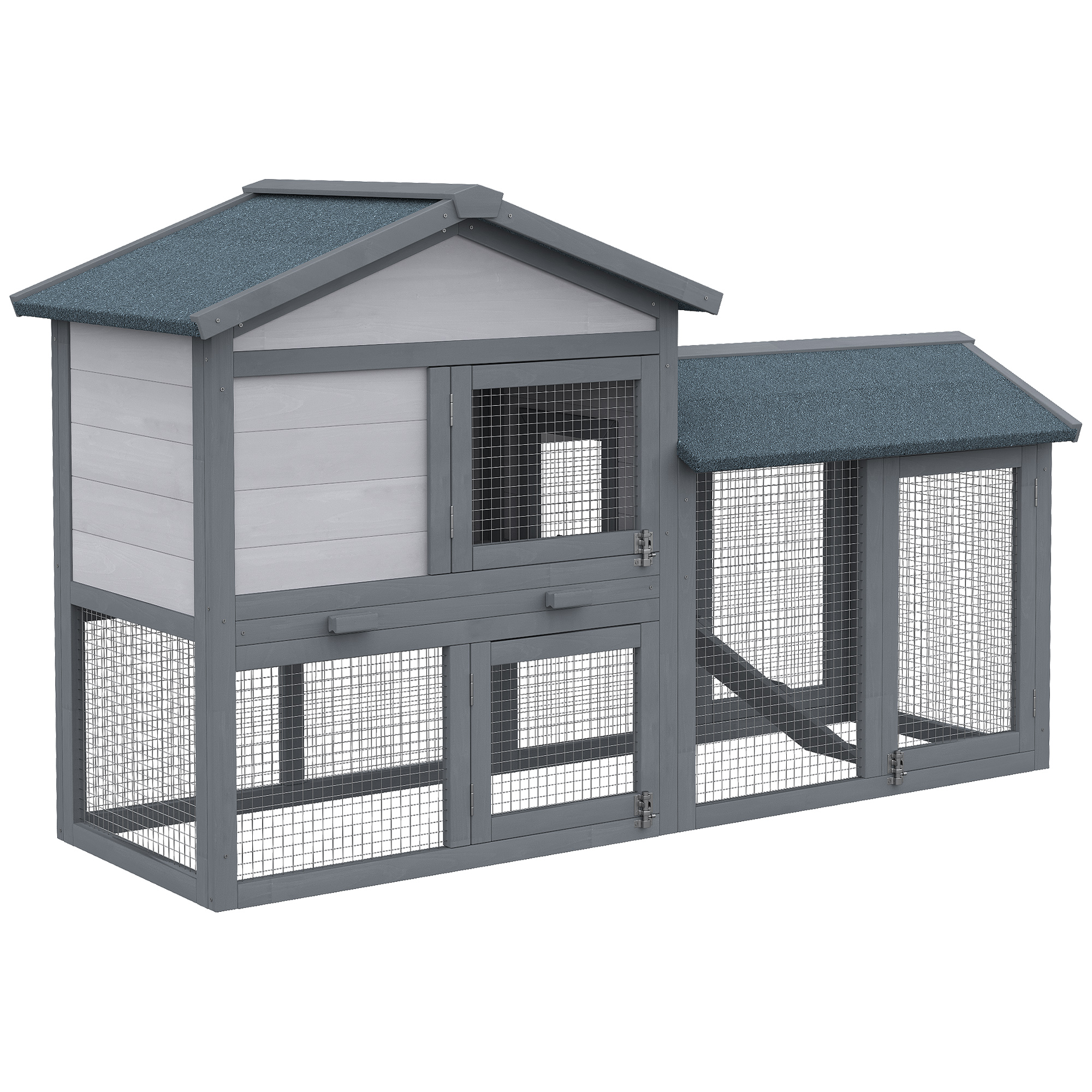 Casa para Conejos al Aire Libre - Jaula de Madera con Área de Ejercicio y Suelo Retirable, Techo Asfáltico con Puertas Conectables y Rampa Gris — imagen 7