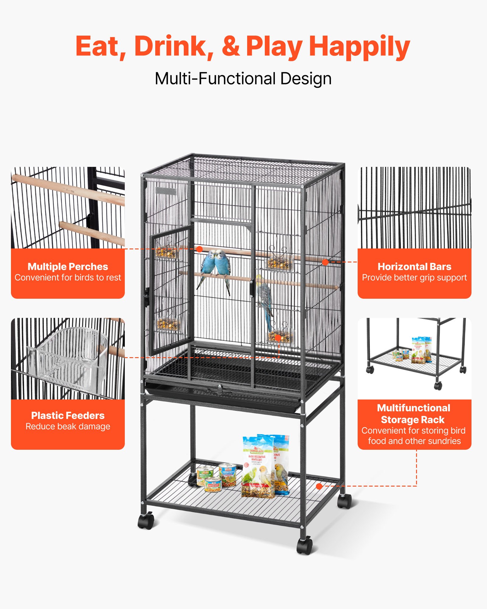 Bird Cage, 24.6 X 16.7 X 53.9 Inch, Flat Top, Wrought Iron Bird Flight Cage With Perches, Slide-Out Tray And Plastic Feeders, Casters, For Parrot, Blue Tit, Cockatiel, Canary, Budgerigar, Conure — imagen 5