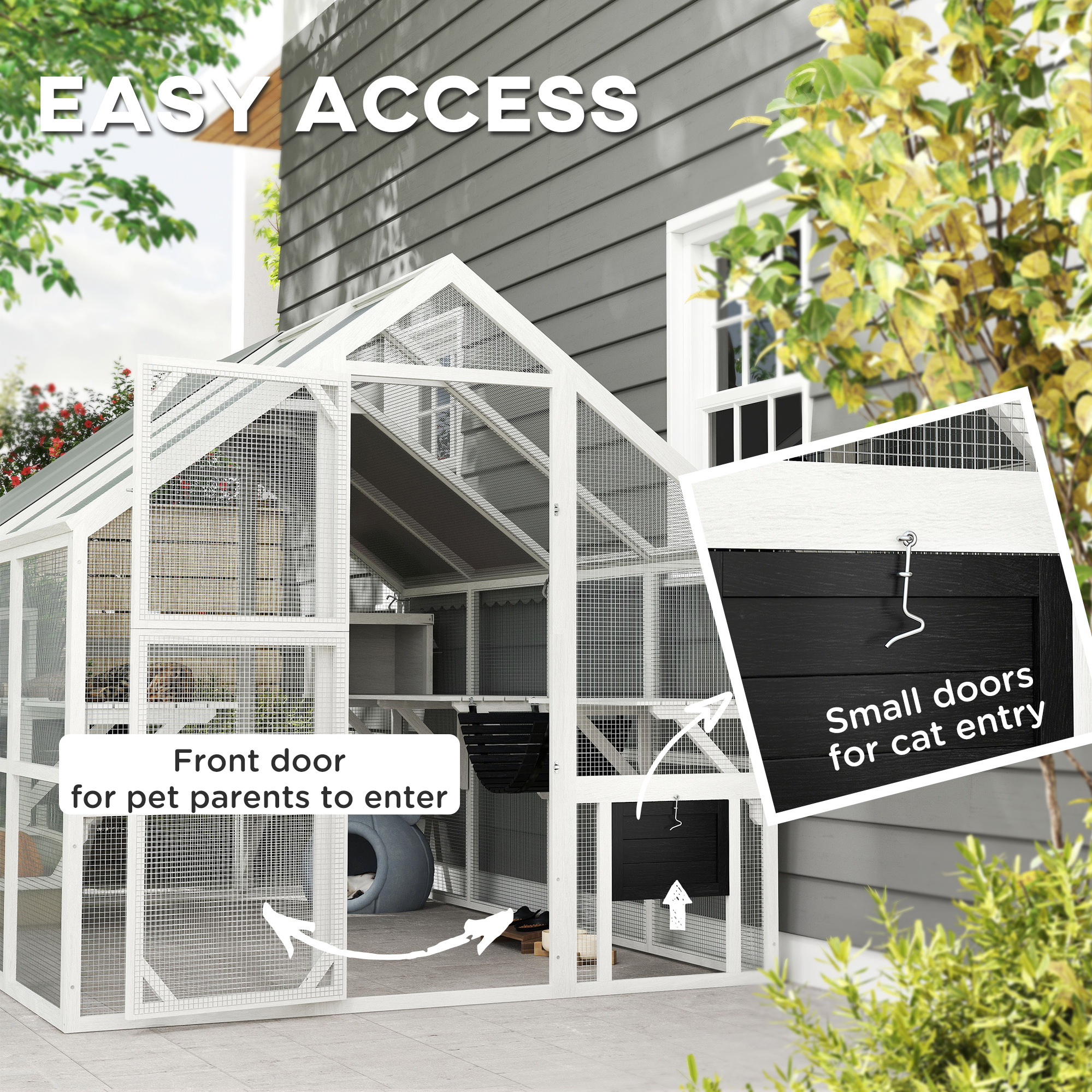 Wooden Catio Outdoor Cat Enclosure with Waterproof Cover, 2 Condos, 6 Platforms, Bridge, Doors, White — image 2