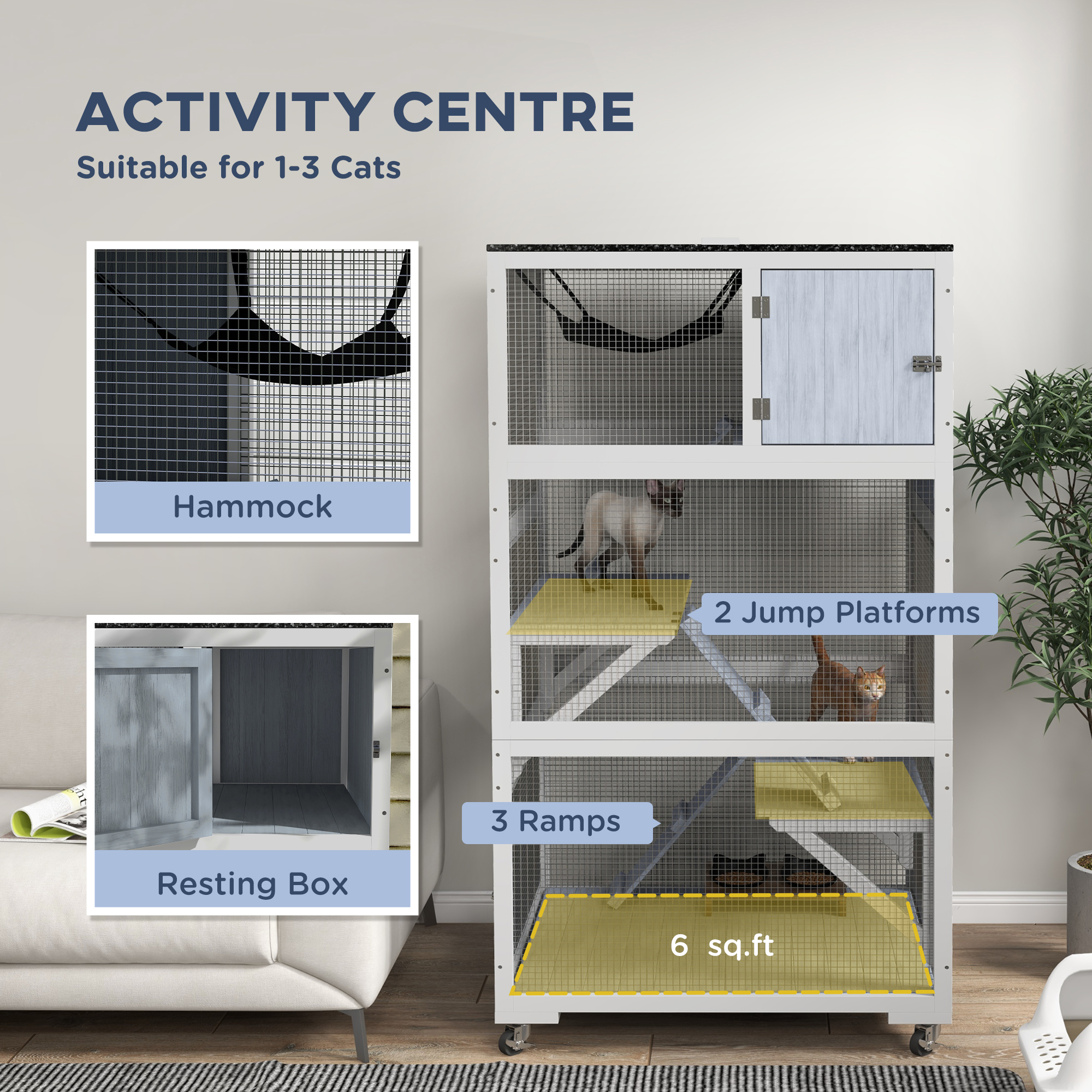 Catio, Outdoor Cat Enclosure House On Wheels With Hammock, Gray — imagen 2