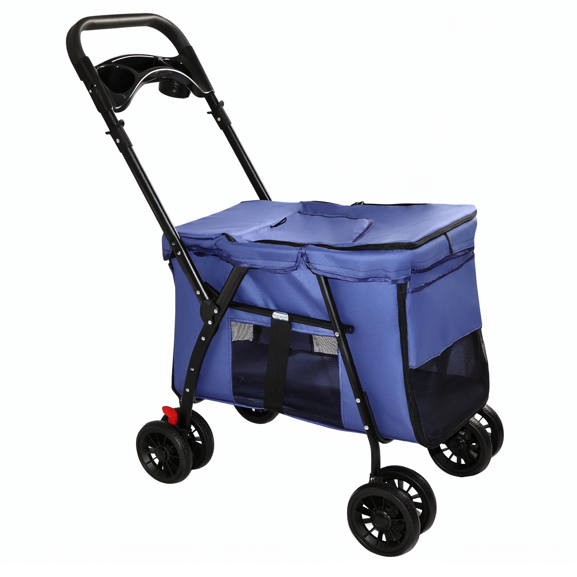 Pet Stroller, Foldable 4-Wheel Design, Breathable Mesh Dog Cat Stroller with Shockproof Wheels, Brake System, Storage Tray, 2 Fixed Safety Leashes, Large Space for Small Medium Pets, Navy Blue — image 4