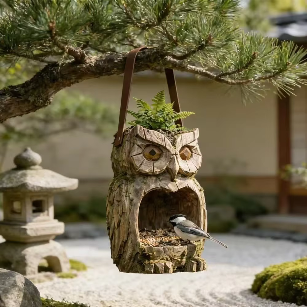 Alimentador de pájaros con rostro de árbol, escultura de abrazador de árbol de resina, decoración de jardín exterior, contenedor de comida para pájaros salvajes colgante, adorno de patio — imagen 4