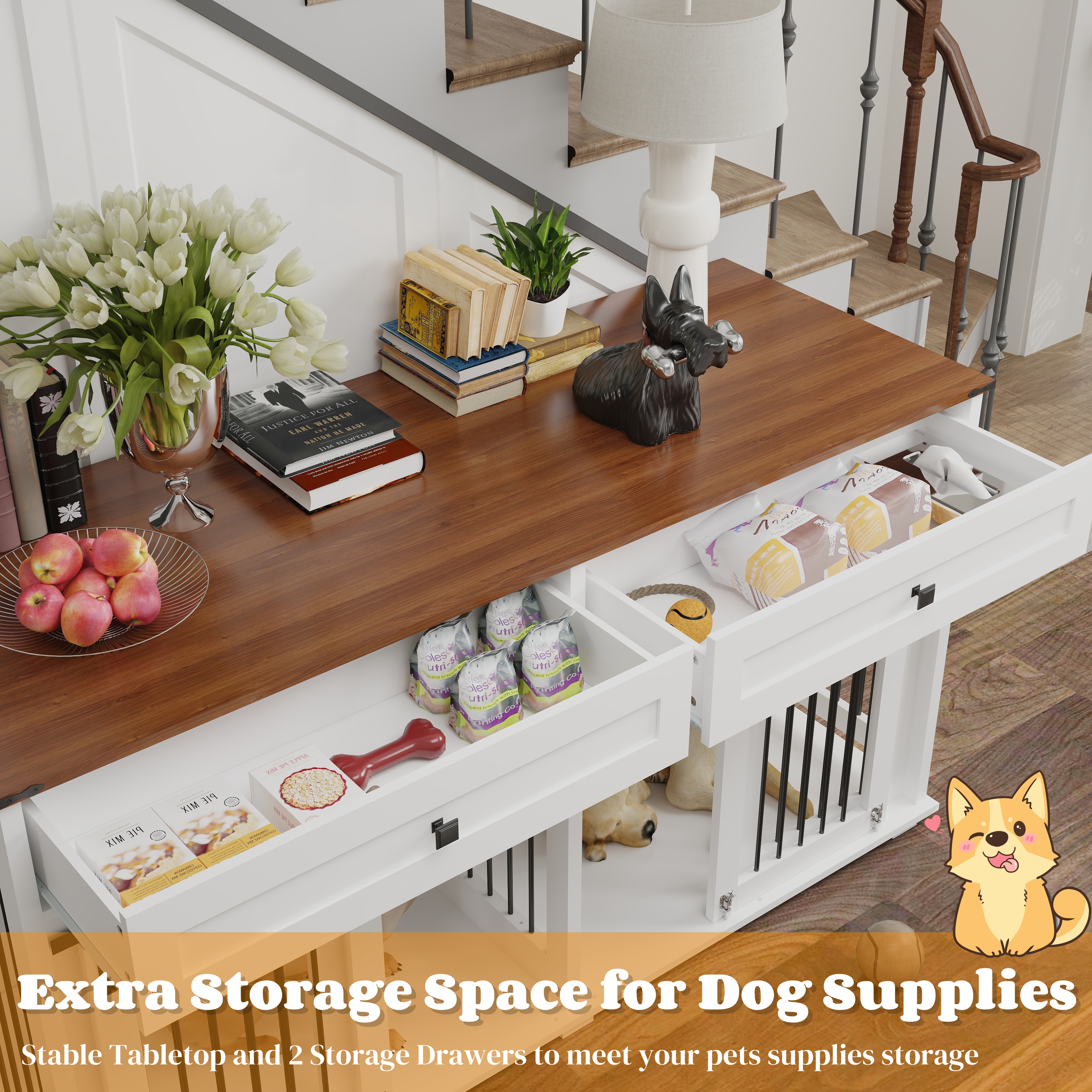 63'' Large Dog Crate Furniture For Double Dog, Wooden Dog Kennel With 2 Drawers, Divider And Sliding Door, Water Resistant Indoor Pets Furniture Style Double Dog Crates — image 2