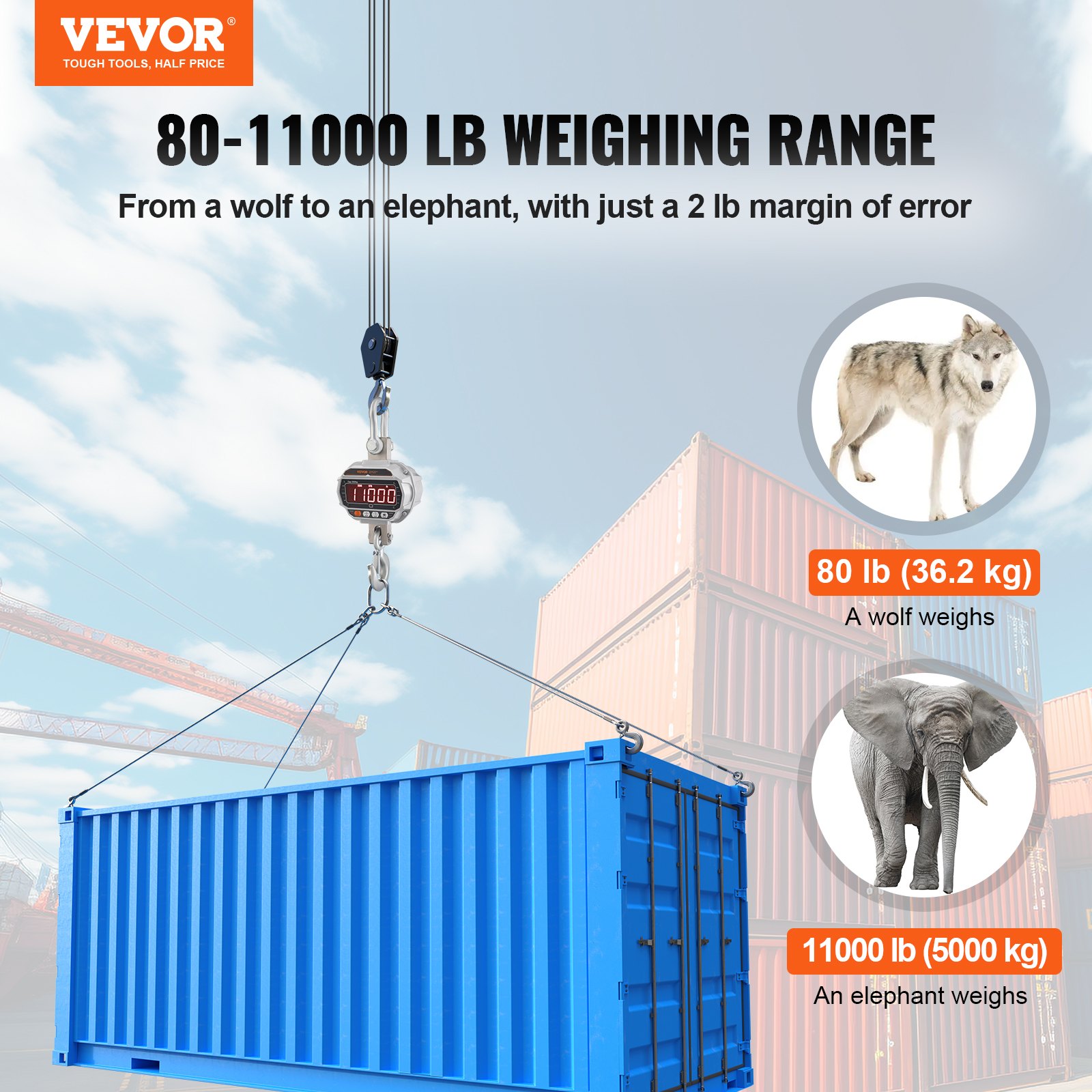 Digital Crane Scale, 11000 Lbs/5000 Kg, Industrial Heavy Duty Hanging Scale With Remote Control, Cast Aluminum Case & LED Screen, High Precision For Construction, Factory, Farm, Hunting (Silver) — imagen 2