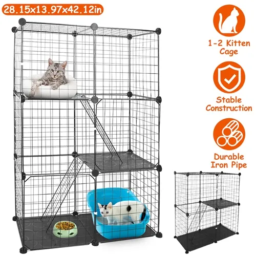 3 Tier Cat Playpen Cage Metal Indoor Cat House Detachable Kitten House with 3 Doors 2 Ladders Large Cat Exercise Place for 1-2 Cats Black — image 2