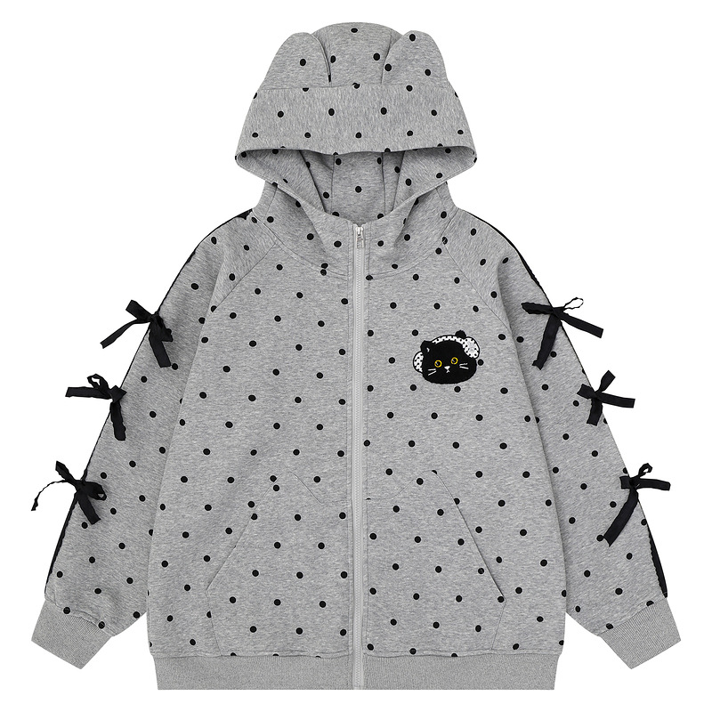 Grey dot three-dimensional cat ear hooded cardigan — image 1
