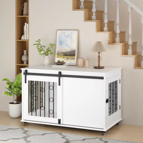 39.37'' White Indoor Dog Crate End Table - Wooden Kennel with Sliding Barn Door, Side Door & Lockable Wheels for Small/Medium Do — image 6