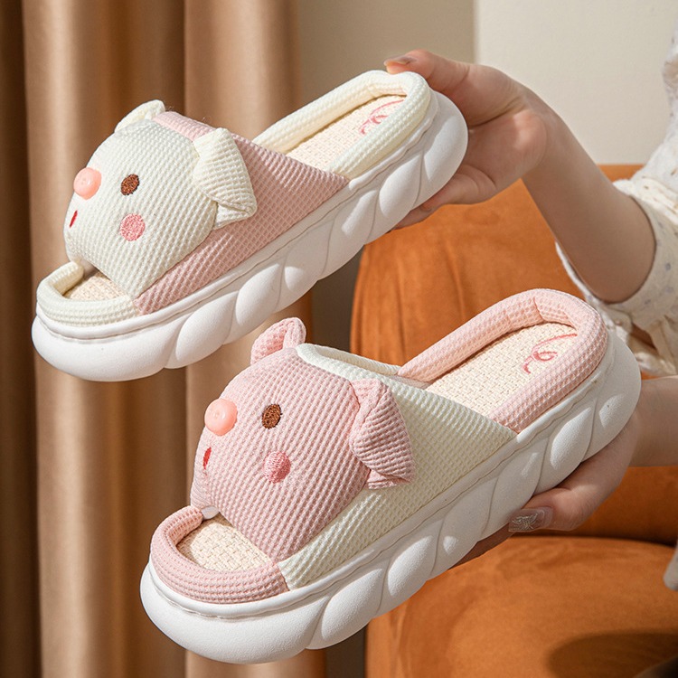 Zapatillas de Cerdo Adorables con Dedo Abierto en Lino para Hogar, Zapatos de Pareja para Mujer y Hombre con Diseño de Cerdo — imagen 4