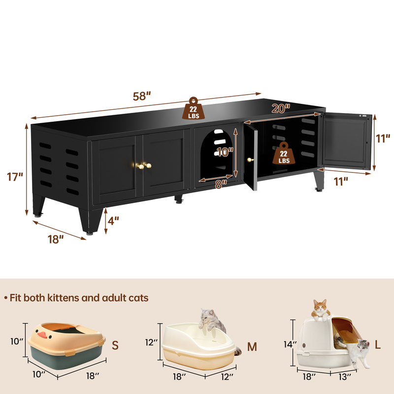 Caja de Limpieza para Gatos en Metal, Encierro Oculto para 2 Gatos, Casa Grande para Indor con Ventilación y 2 Compartimentos, Negro Moderno — imagen 4