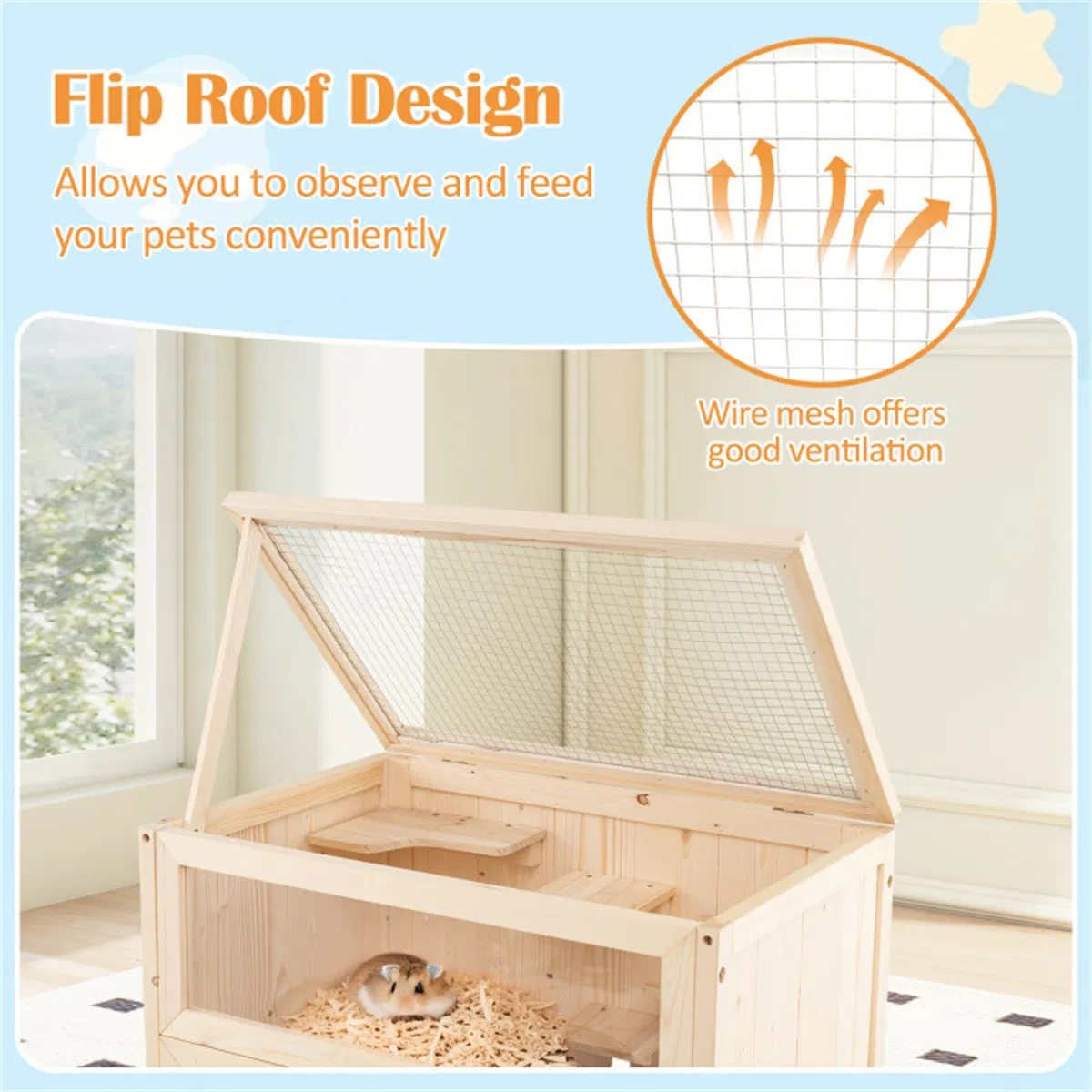 31.5 " Fir Wood Hamster Cage with Flip Mesh Roof, Multi-Level Activity Areas & Bottom Storage Shelf — image 8