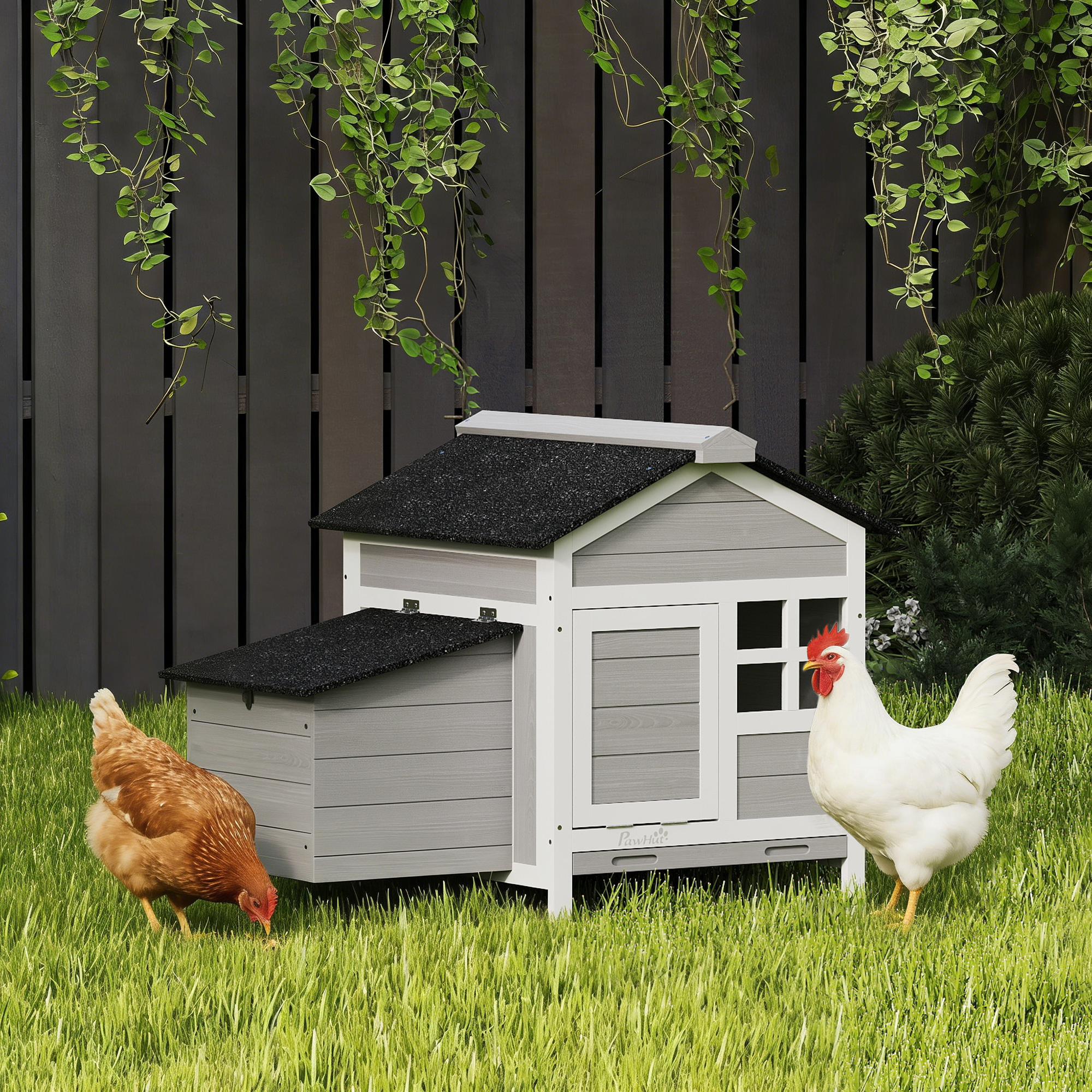 Casa de Pollos de Madera Exterior con Caja de Incubación, bandeja metálica deslizante, para 1-2 pollos, conejos, patos, 36" x 25" x 27" — imagen 4