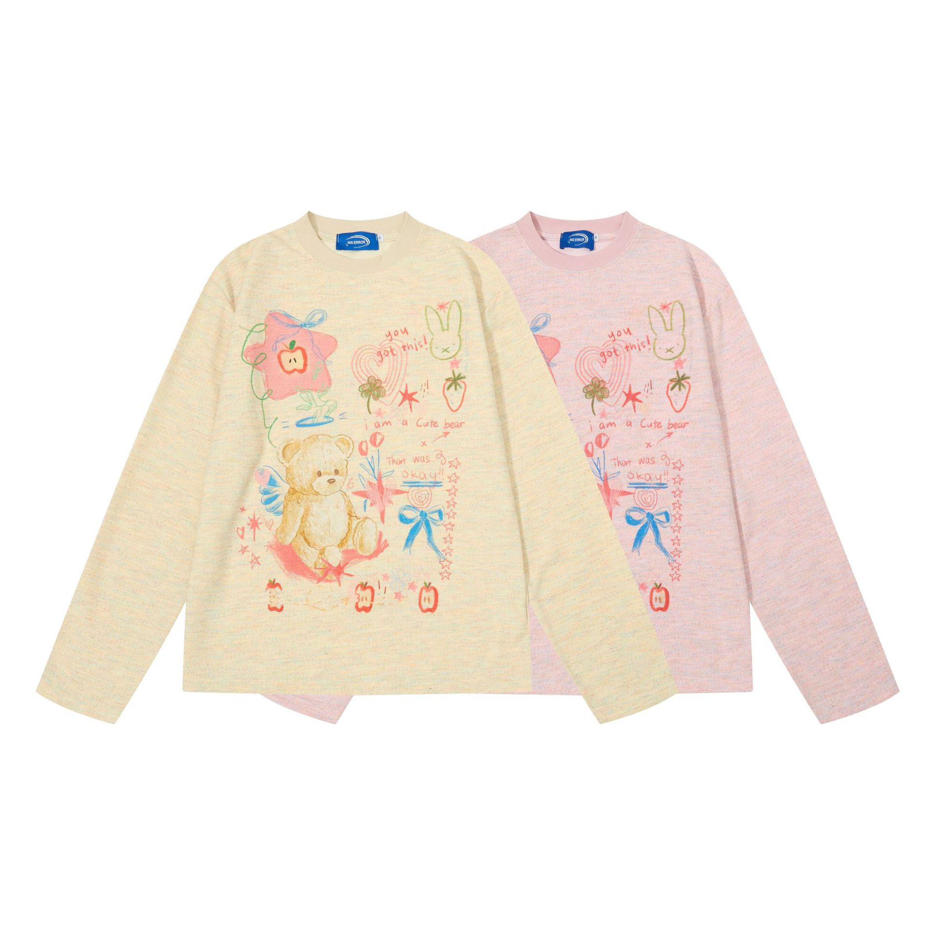 Cartoon Bear Strawberry Bow Graffiti Print Long Sleeve Round Neck Loose T-Shirt — image 5