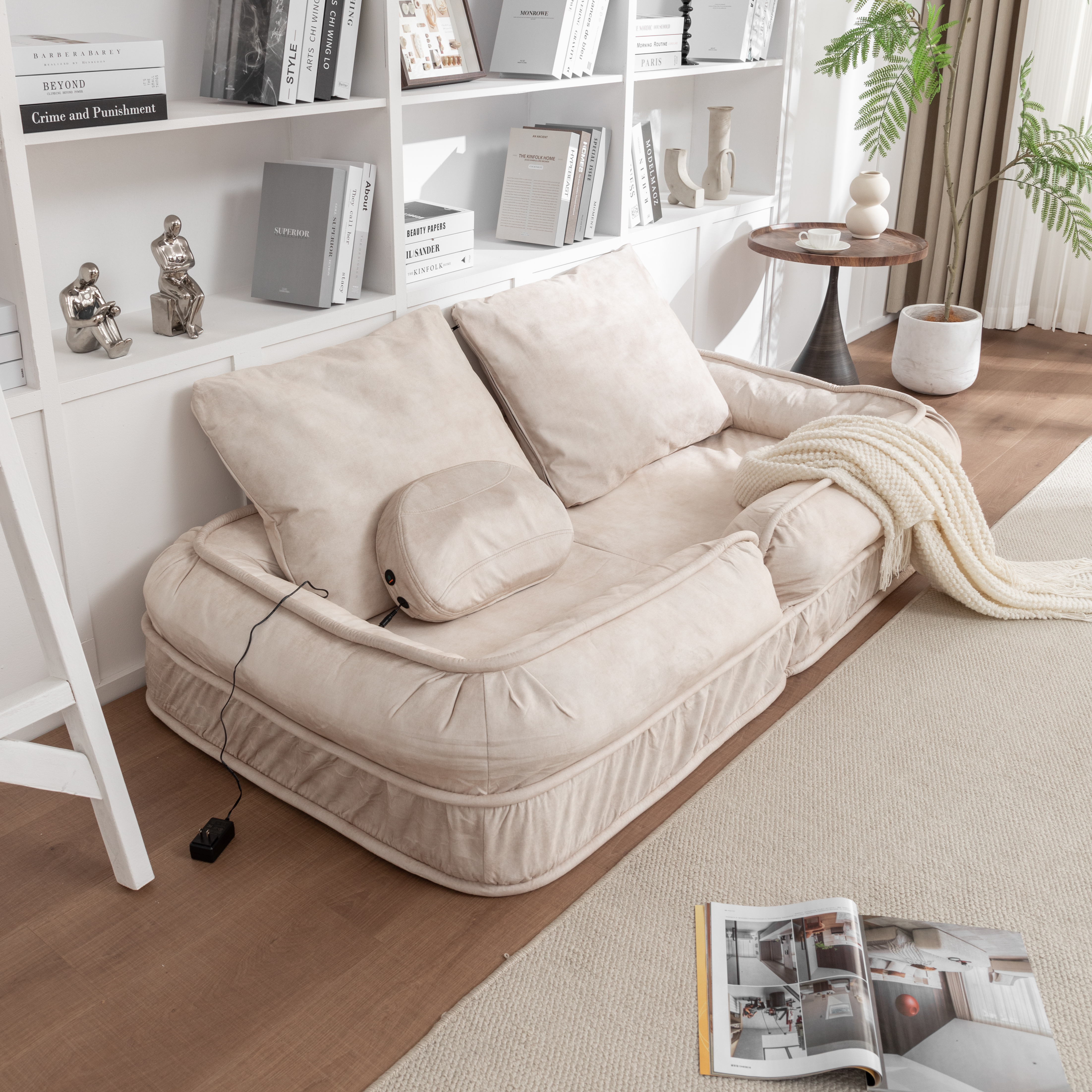 Silla de Descanso para Humanos y Mascotas con Manta de Veludo, 5 Posiciones Ajustables y Almohada de Masaje, Sofá de Bolsa de Poliestireno con 2 Almohadillas Suaves — imagen 3