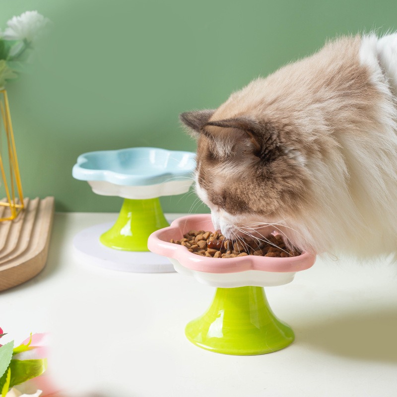 Flower Cat Bowl Ceramic Cat Bowl Cat Food Bowl Eating and Drinking Water High Feet Protection Cervical Neck Pet Food Bowl — image 7