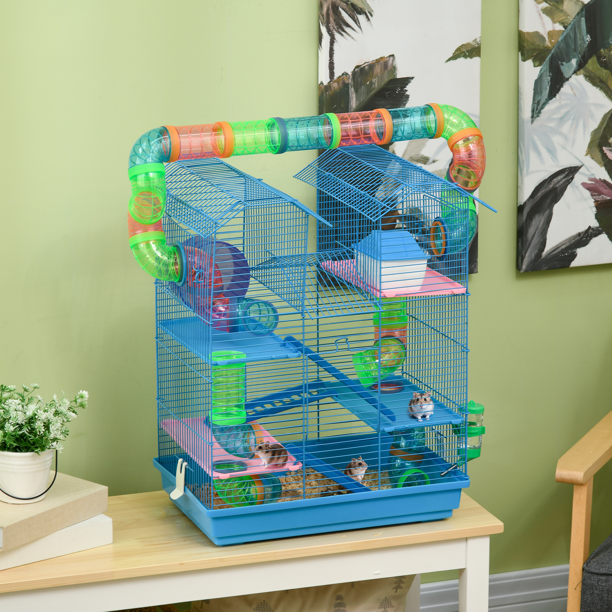 18.5" 5 Tier Hamster Cage with Tubes and Tunnels, Small Animal Cage, Rat Gerbil Cage with Water Bottle, Food Dish, Exercise Wheel, Blue — imagen 1