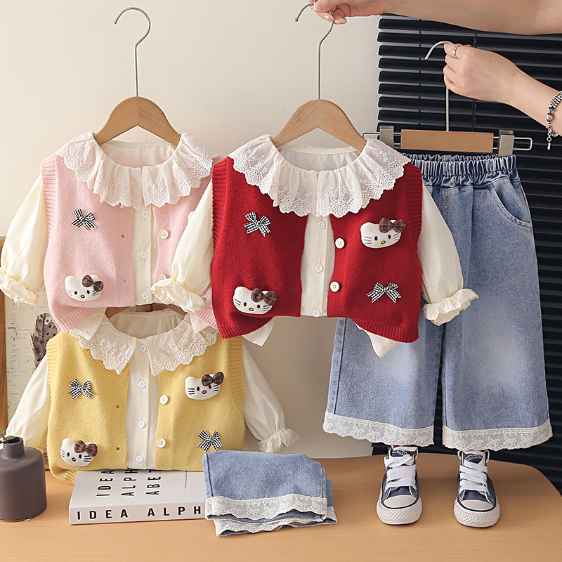Toddler Girls Spring Autumn Kitten Pattern Knit Vest and Pants Set — image 3