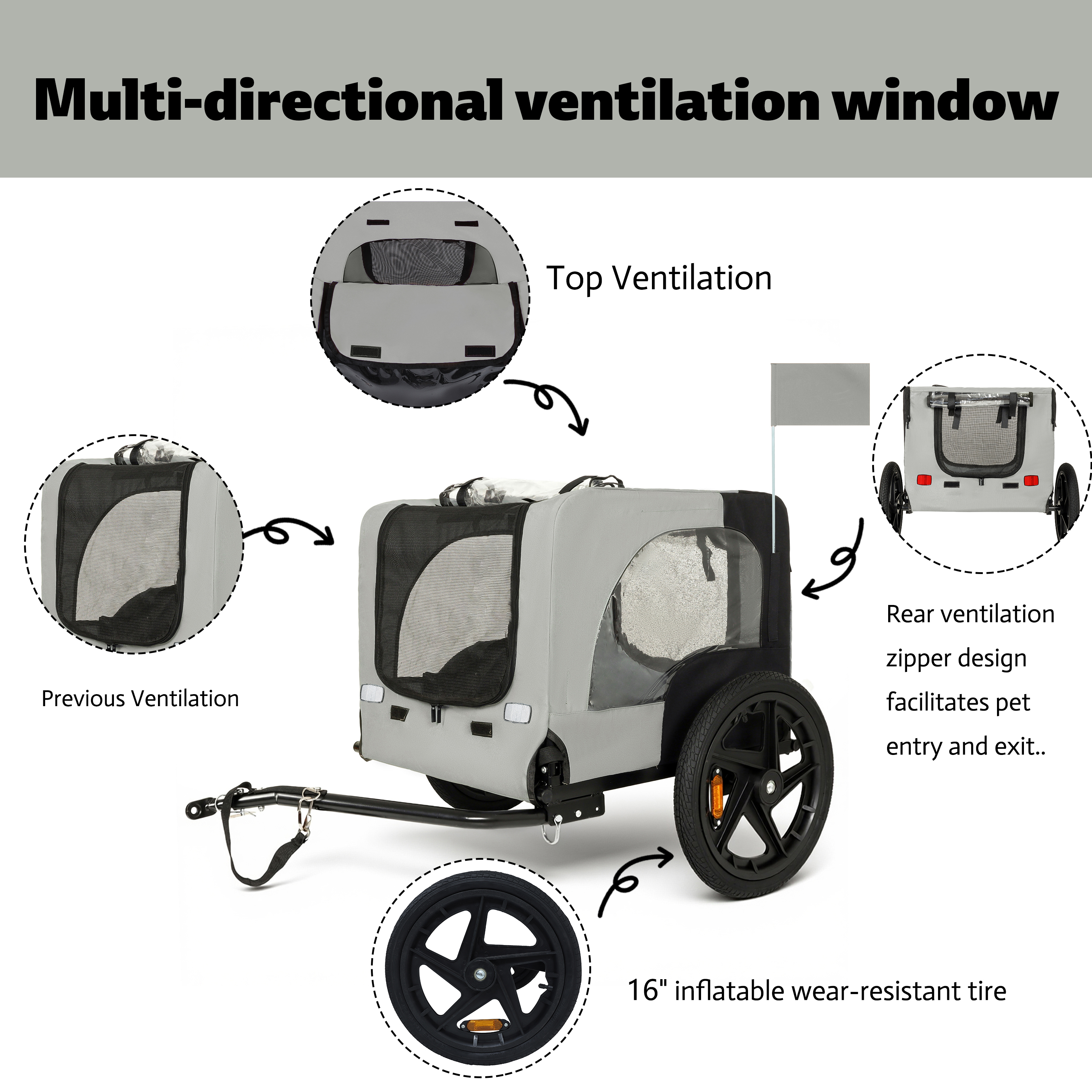 Outdoor Heavy Duty Collapsible Pet Bike Trailer With 16-Inch All-Terrain Wheels Universal Hitch Foldable Dog Cargo Carrier Cart For Bicycles, Black Grey — image 2