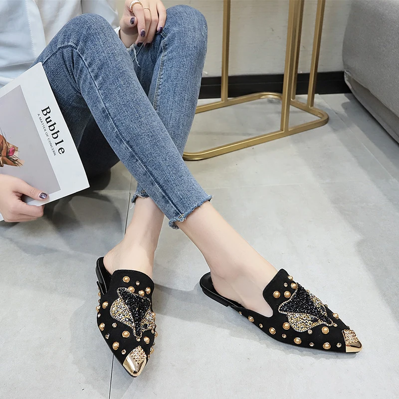 Women Shoe Fashion String-bead Pointed Rhinestone Rivet Flat Women Slippers Slip-On Mules Loafer Sandals Slides Ladies Shoes — image 5