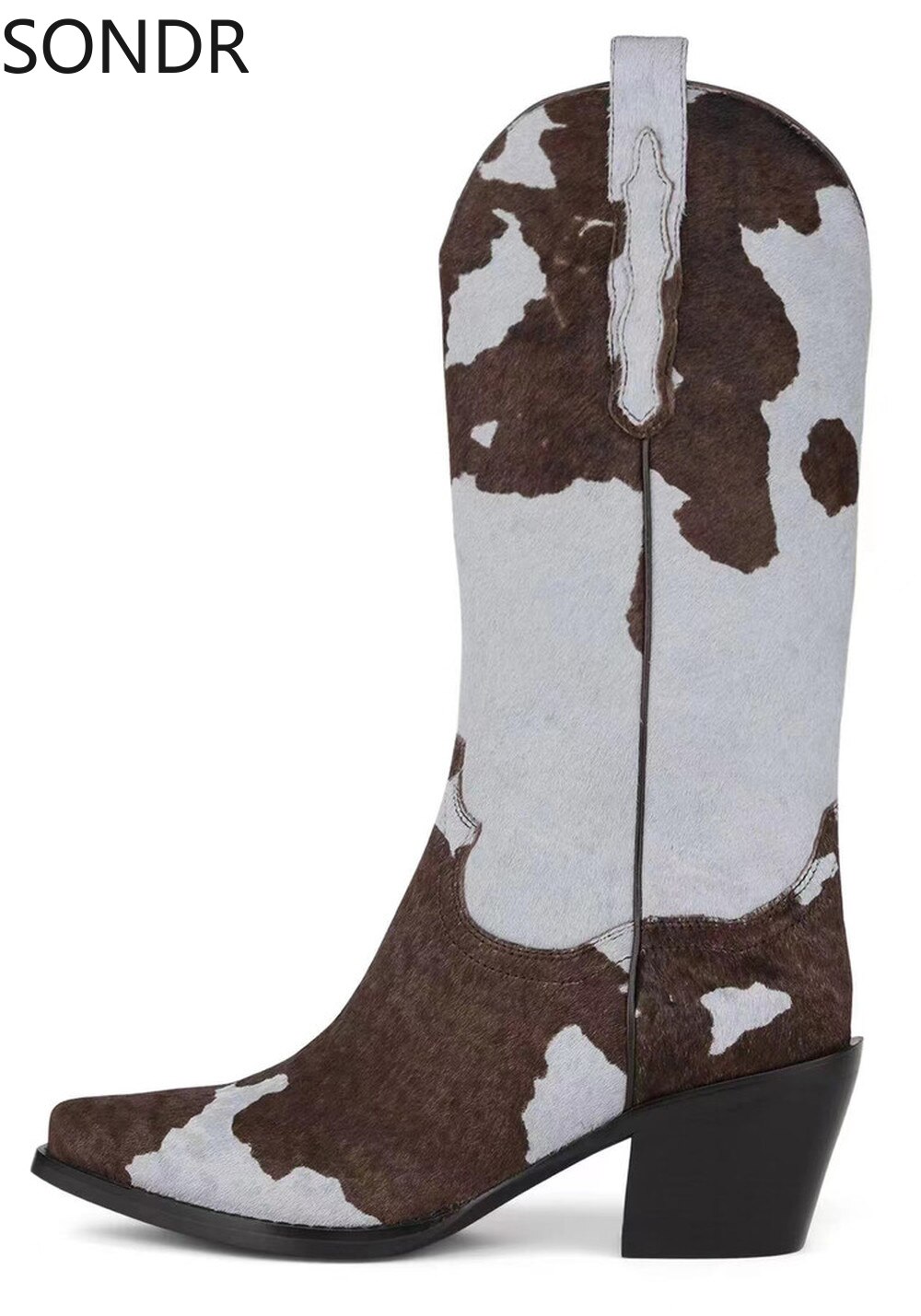 Womens Pointed Toe Real Horse Fur Mid Calf Boots Chunky Heel Shoes Genuine Leather Chelsea Western Cowboy — image 6