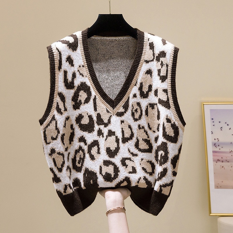 Retro Leopard Print Knit Vest for Women, Loose Outerwear V-Neck Sleeveless Sweater Top — image 4