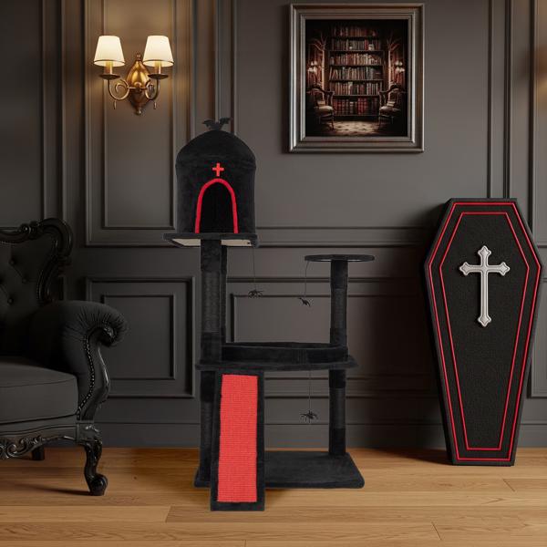 Árbol Gótico para Gatos con Caja de Tumba, Torre para Gatos Grande con Condo Espacioso, Postes de Rasguñado, Juguetes Colgantes de Araña, Tablero de Rasguñado, Mobiliario de Actividades para Gatos de Gran Tamaño en Rojo y Negro — imagen 11