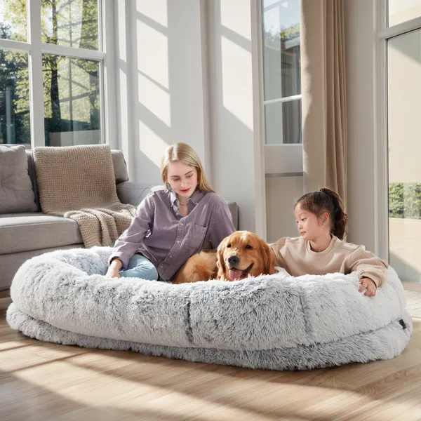 Cama para Perros y Personas Grande, Para Ti y Tu Mascota, Cama de Felpa Sintética Lavable para Dormir o Descansar, Soporte Óptimo para Canes, Almohada Pluma Presente, Manta, Correa — imagen 3