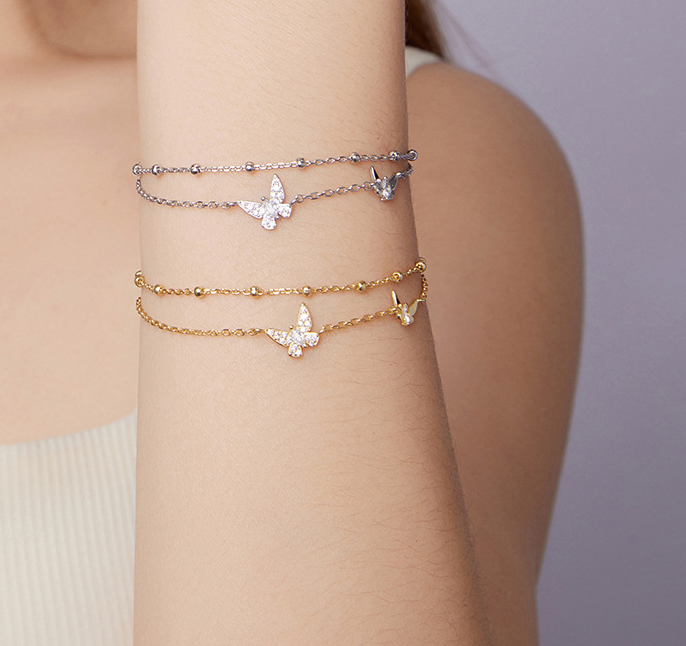 Cinturón de pulsera doble capa con mariposas en plata 925 para mujer — imagen 6