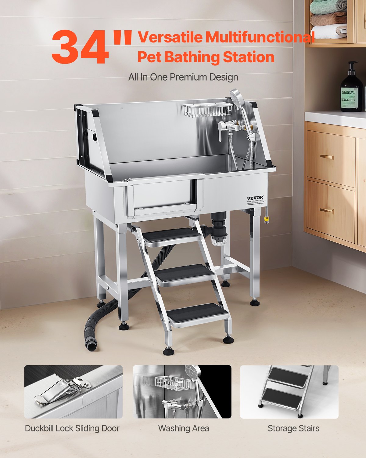 Estación de Lavado para Perros de 34", Tina de Aseo de Acero Inoxidable, Fregadero Profesional para Lavar Perros con Regadera, Grifo, Porta Jabón, Escalera Antideslizante, Diseño de Fácil Limpieza para Mascotas Pequeñas y Gatos (Puerta Izquierda) — imagen 5