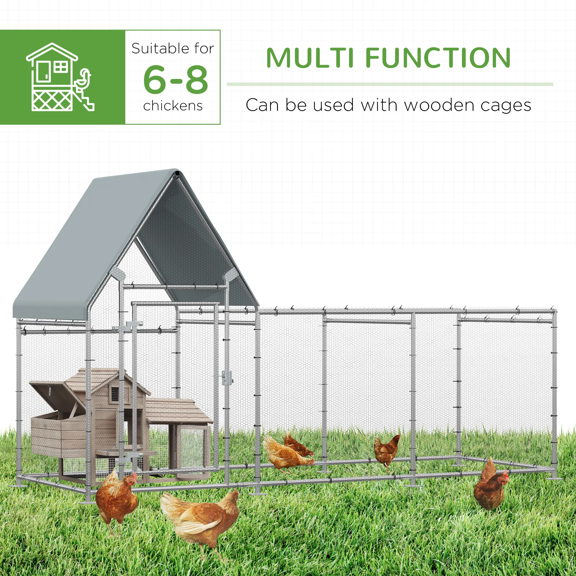 Walk In Chicken Run, Large Galvanized Chicken Coop, Hen Poultry House Cage, Rabbit Hutch Metal Enclosure with Water-Resist Cover for Outdoor Backyard Farm, 119" x 42" x 68" — image 5