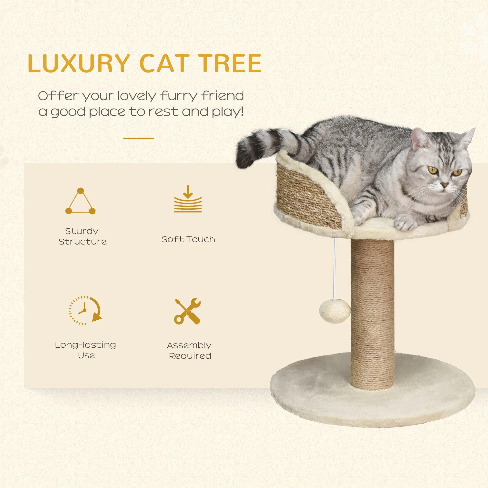 Cat Tree with Scratching Post, Toy Ball, Perch, Small Cat Tower for Indoor Cats - 16" x 16" x 19", Beige — image 6