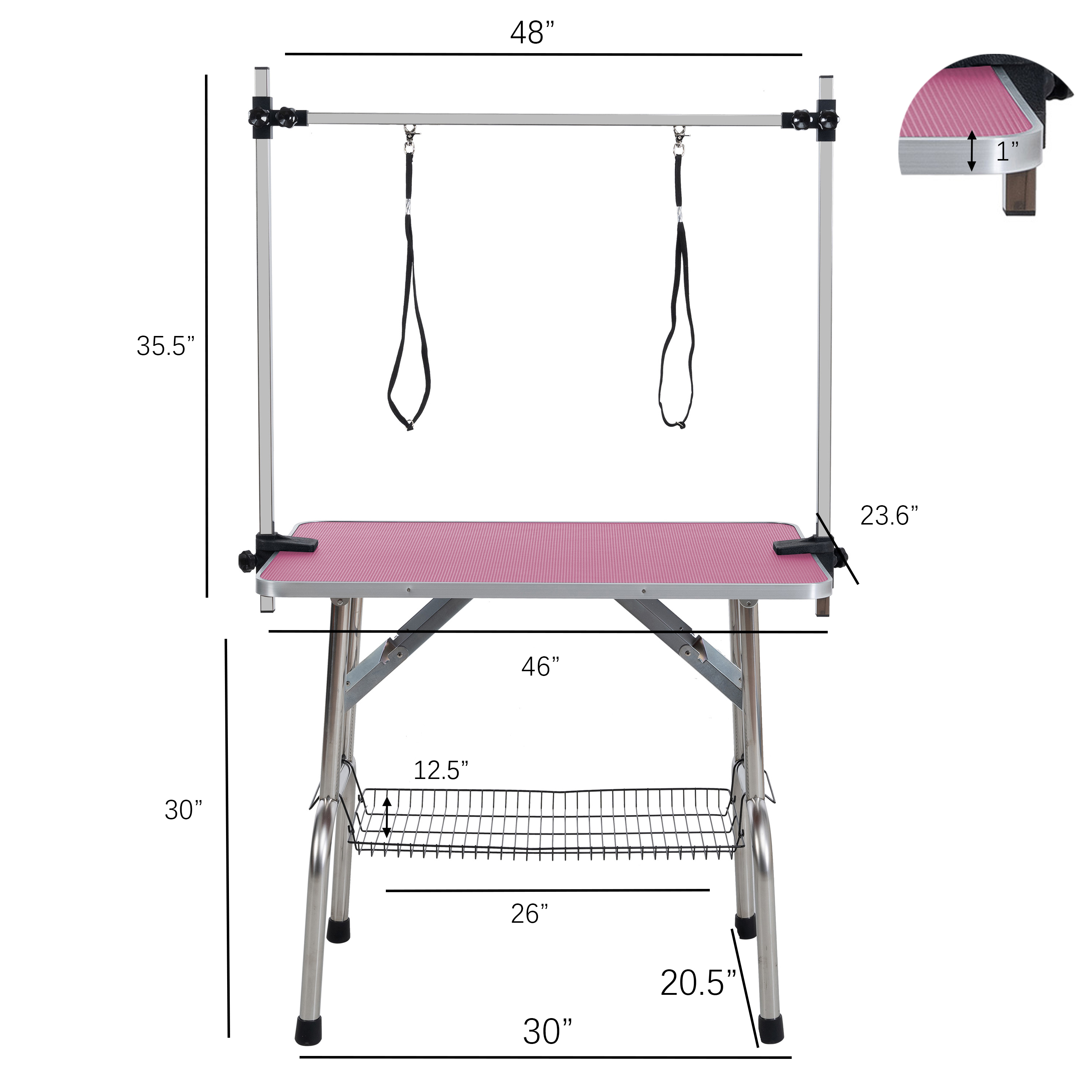 Mesa de aseo plegable de 46" para perros y mascotas, estructura de acero inoxidable con tapete de goma sobre tabla, brazo ajustable y sujetadores, mesa de aseo para perros y gatos, color ROSA — imagen 5