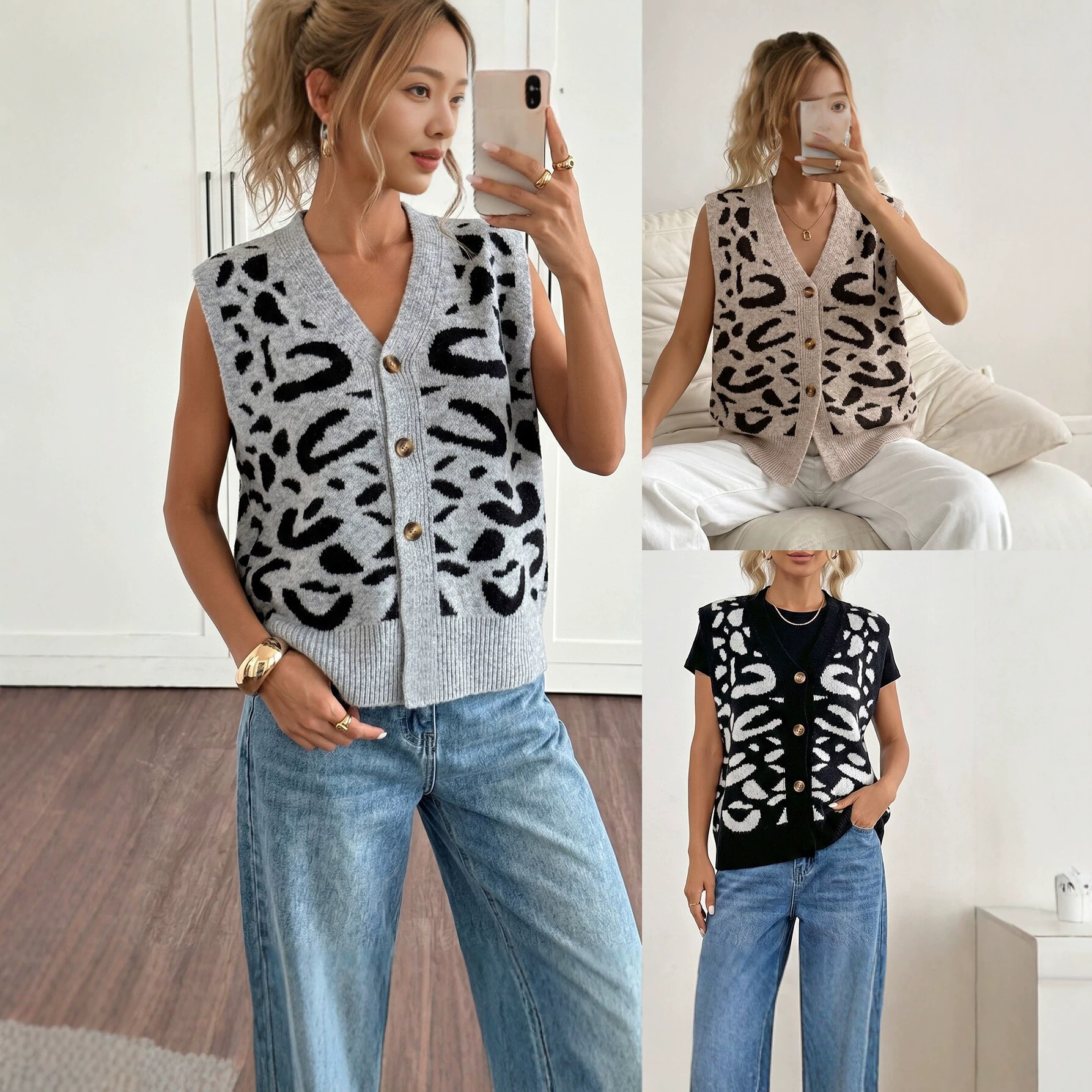 Leopard Print V-Neck Knit Cardigan Sweater Coat for Women — image 1