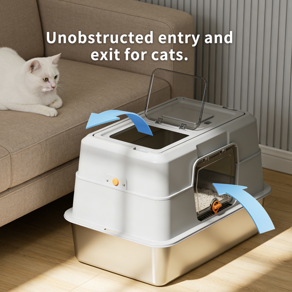 Grey Stainless Steel Fully Enclosed Cat Litter Box, Durable Enclosed Cat Litter Box, High Side To Prevent Scattering — image 6