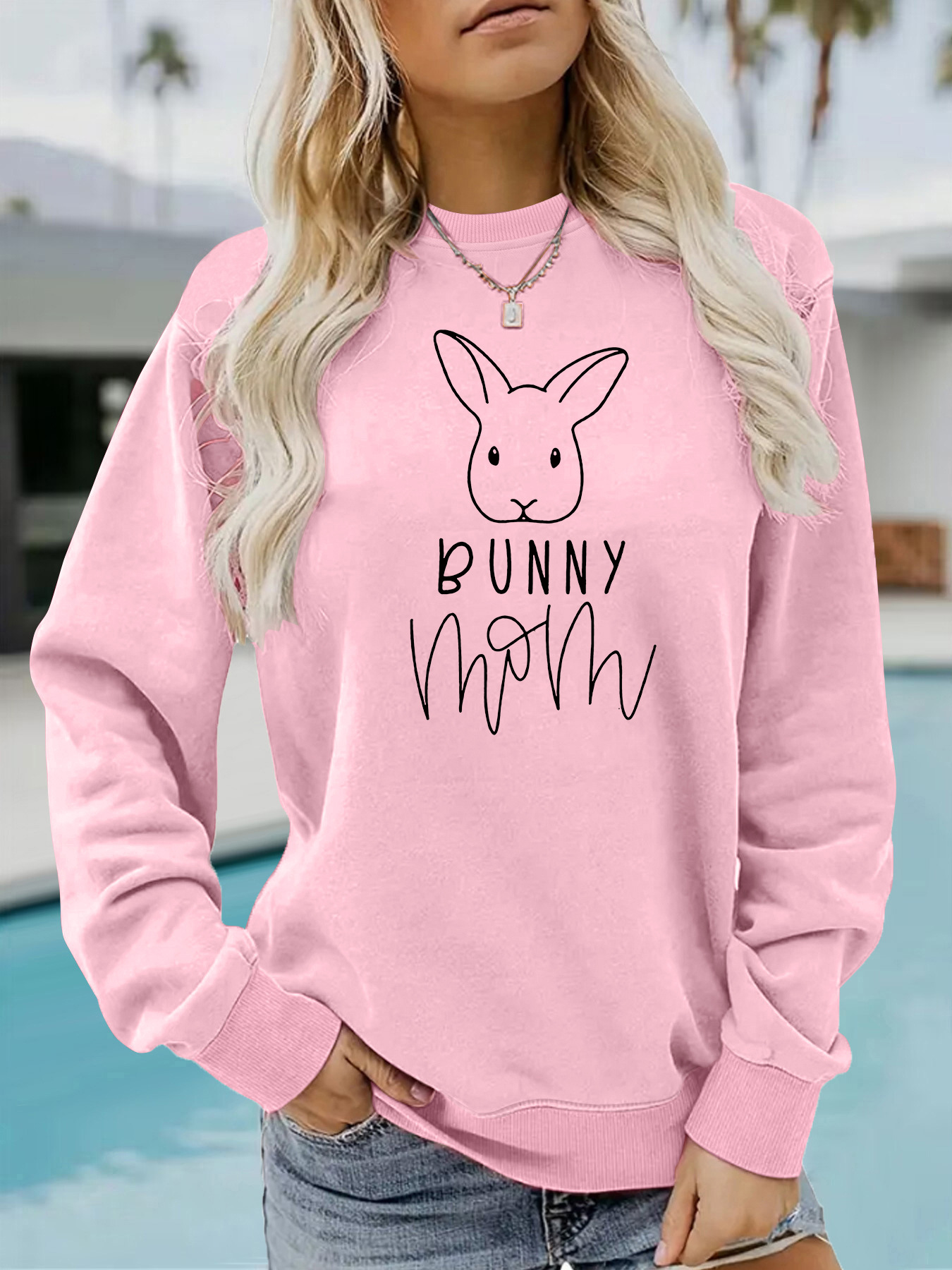 Rabbit and letter printed round neck fleece hoodie — image 8