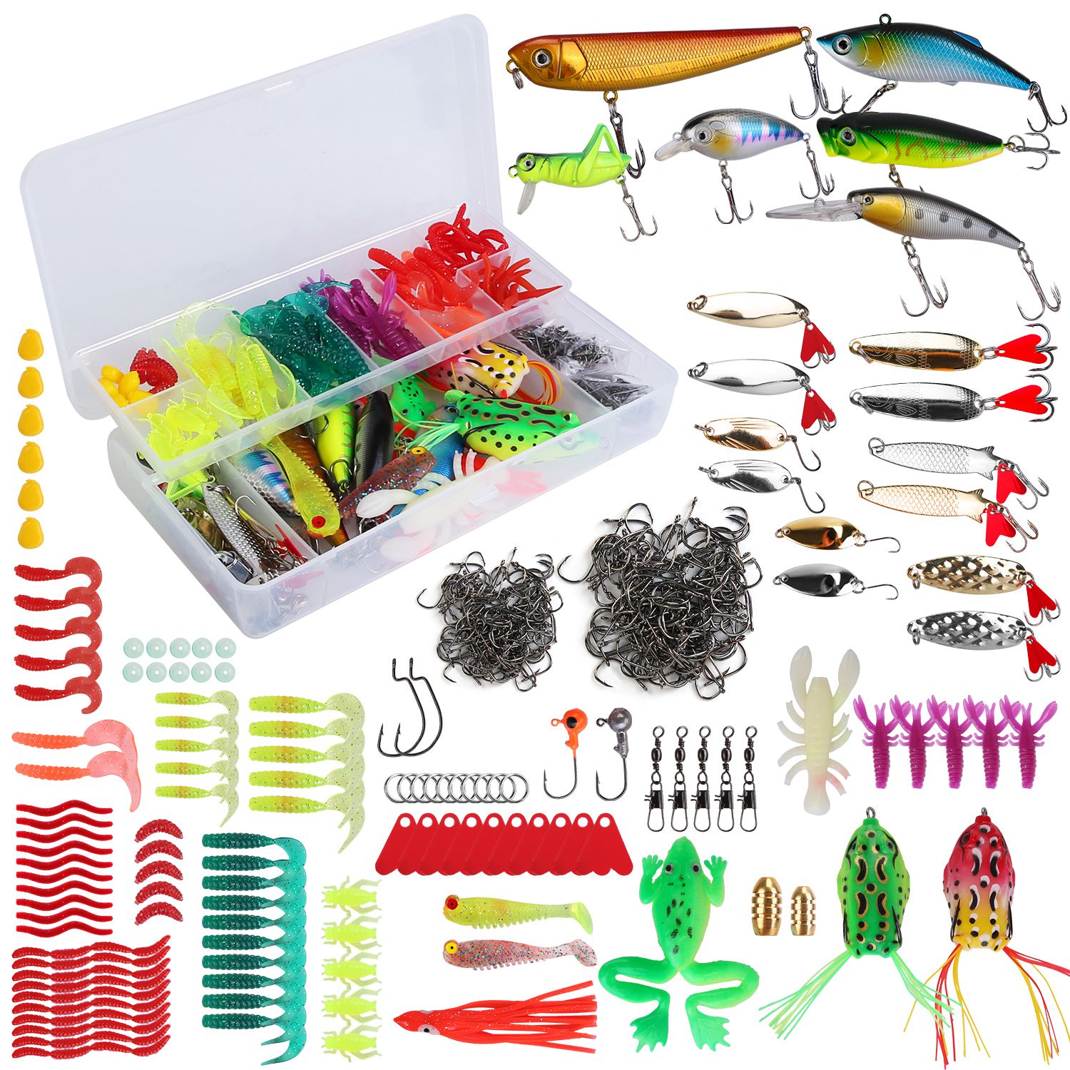 Set de 375 Piezas de Señuelos de Pesca y Caja de Aparejos, Kit de Señuelos para Agua Salada y Dulce, Poppers, Crankbaits, Grillos, Ranas y Señuelos Cuchara Realistas — imagen 2