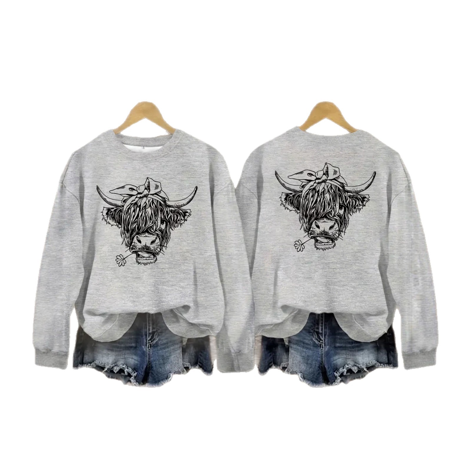 Cowboy Highland Cow Printed Loose Women's Velvet Hoodie — image 2