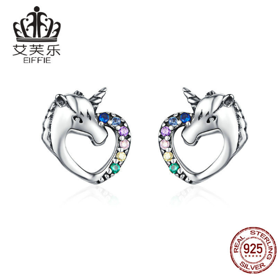 EIFFIE S925 Sterling Silver Stud Earrings Unicorn Fashion Silver Earrings Colored Zircon Silver Stud Earrings — image 1