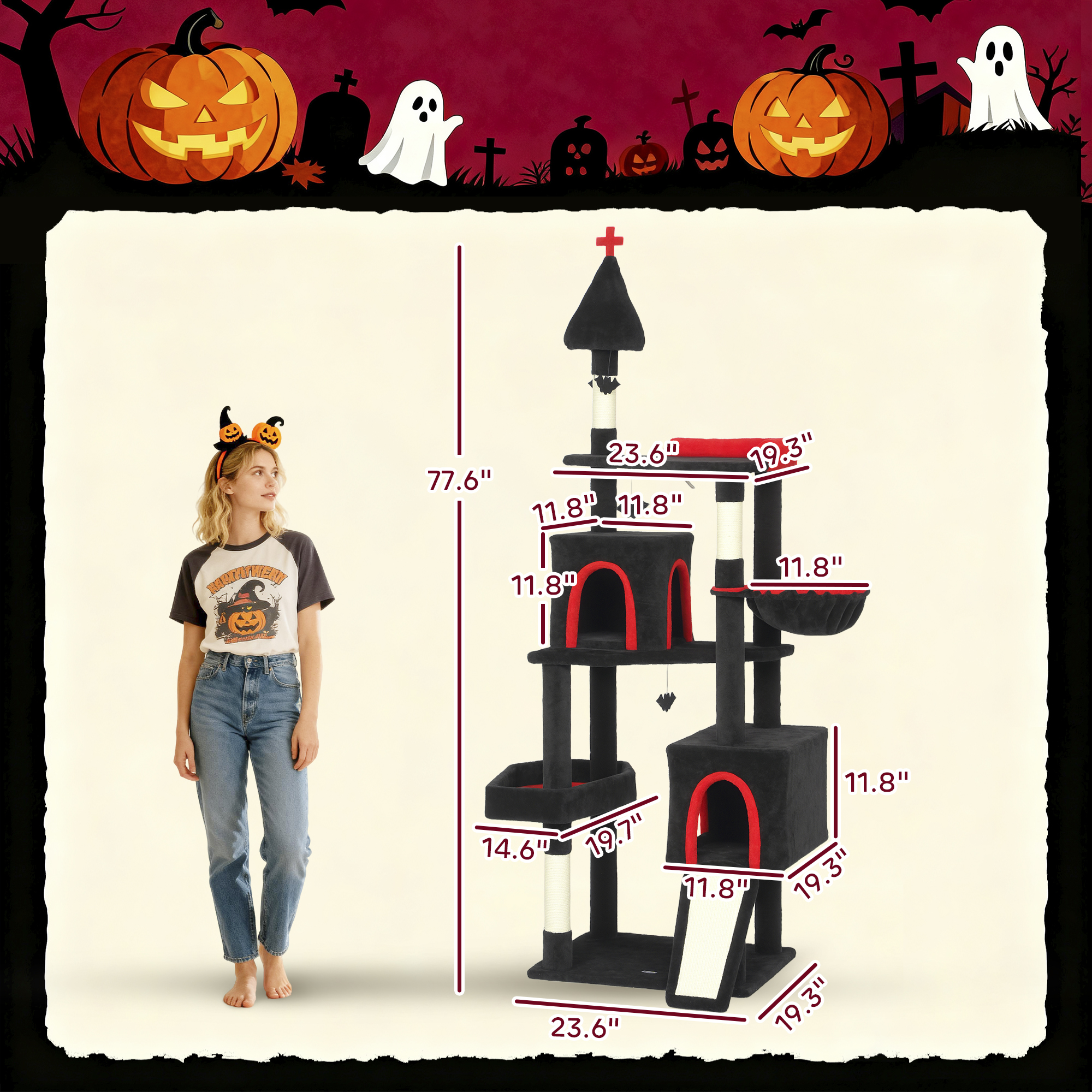 Árbol Gótico para Gatos de 78" con Caja de Tumba, 2 Condominios Espaciosos, Postes de Escarbar de Sisal, Bolas de Murciélagos y Decoración de Halloween — imagen 5