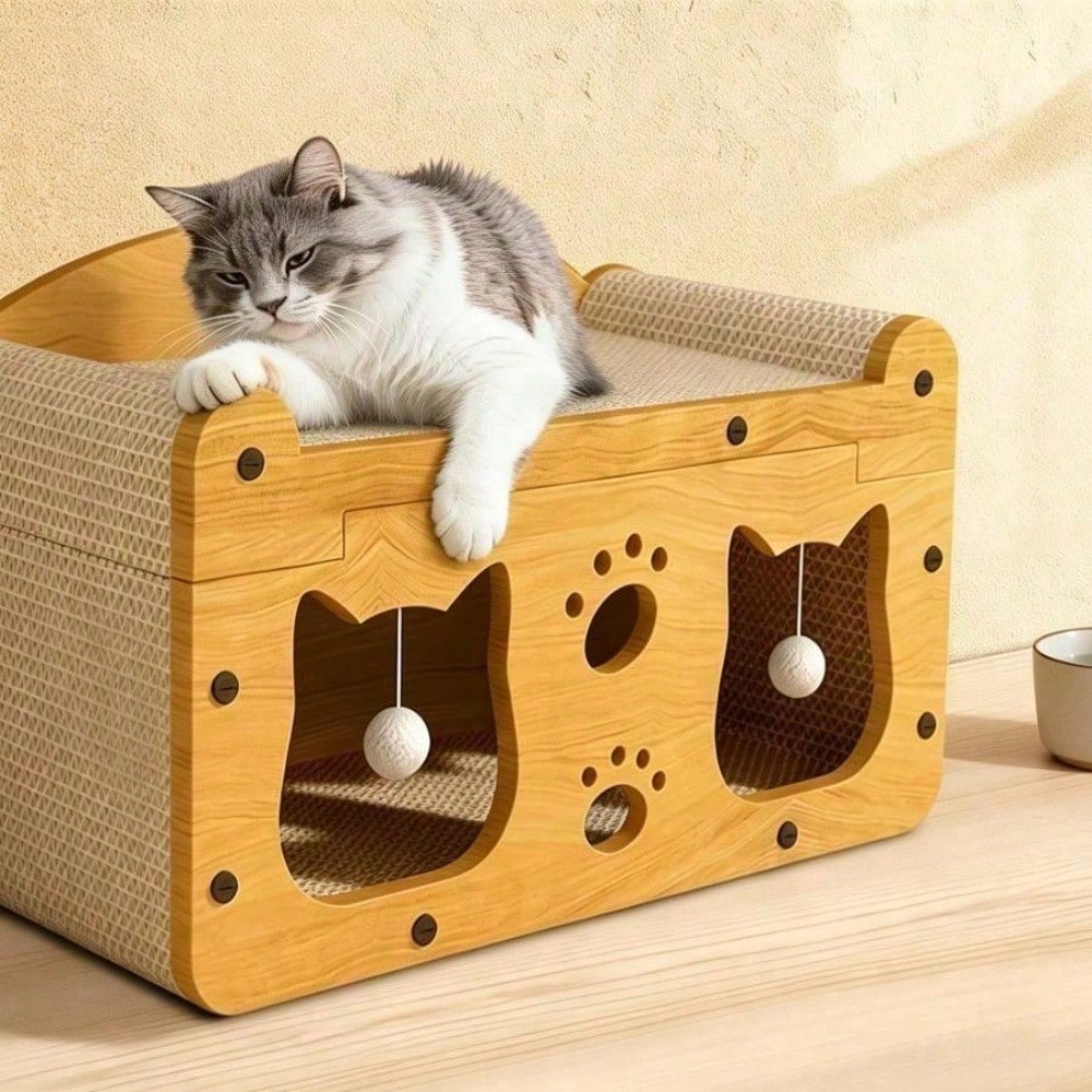 Casa de Gato Multiestilo con Dos Capas: 2 Niveles Grande para Perros y Gatos con Cartón Corrugado, Bolas Suspensas Interactivas y Soporte Cervical Ergonómico para Hogares con Muebles — imagen 15