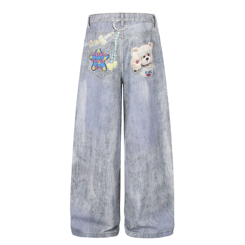 Teddy bear cartoon hot stamping straight leg denim pants — image 3