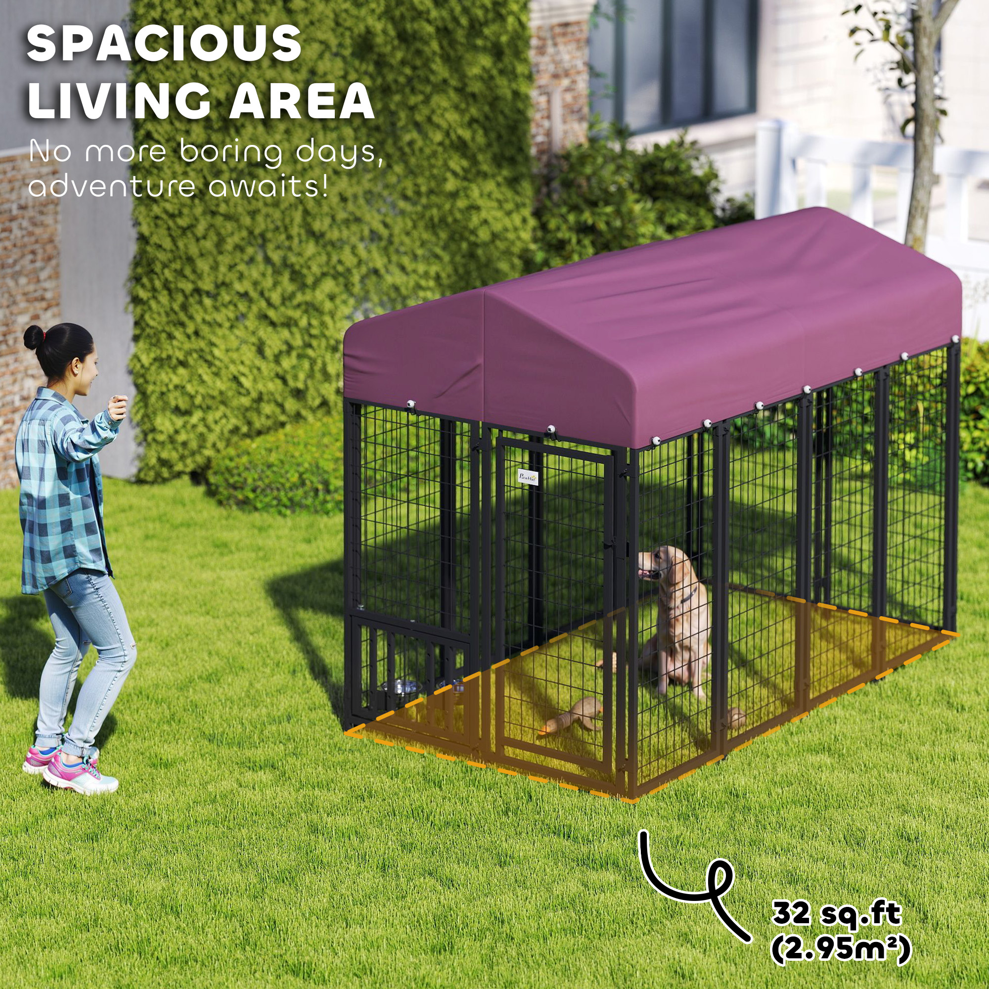 Welded Wire Outdoor Dog Kennel With 360° Rotating & 4 Levels Adjustable Bowls, Waterproof Cover, 7.9' X 4' X 6' — image 4
