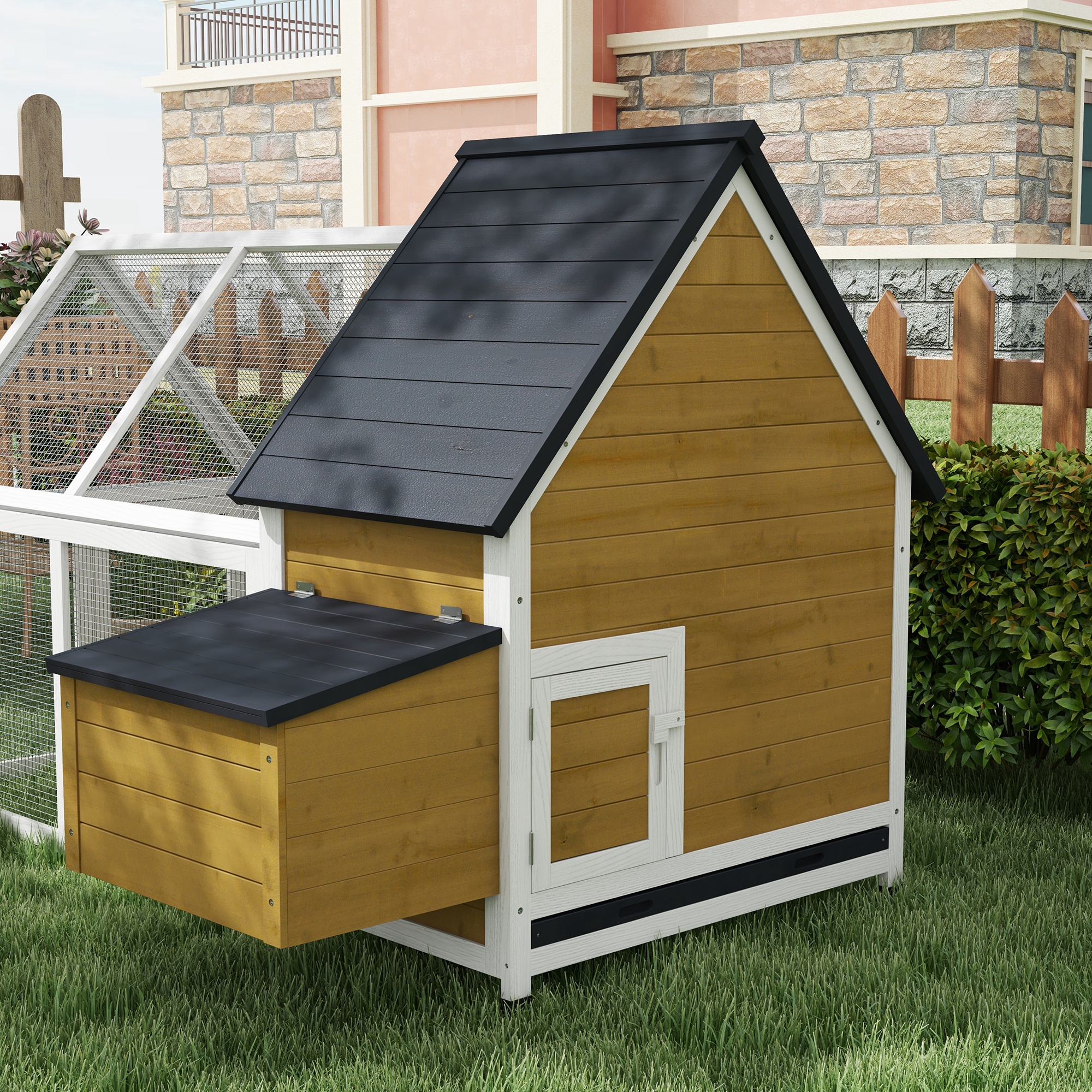 65" Chicken Coop Wooden Chicken House Rabbit Hutch Poultry Cage Hen Pen Backyard with Nesting Box, Ramp, Run, Yellow — image 7