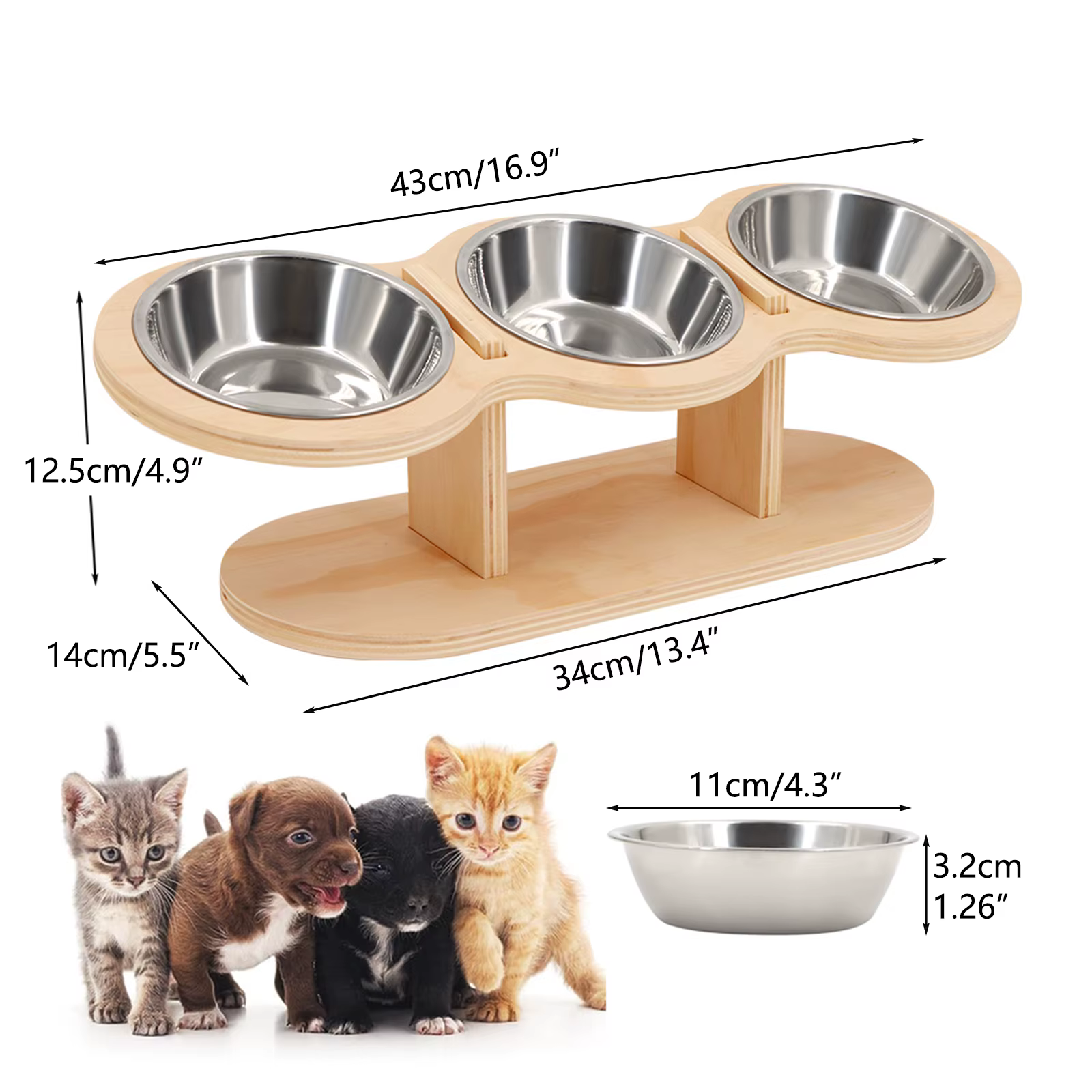 Elevated Cat Bowls Raised Wood Stand Feeder with 3 Stainless Steel Bowls Feeding & Watering Supplies for Puppy Cats Accessories — image 2