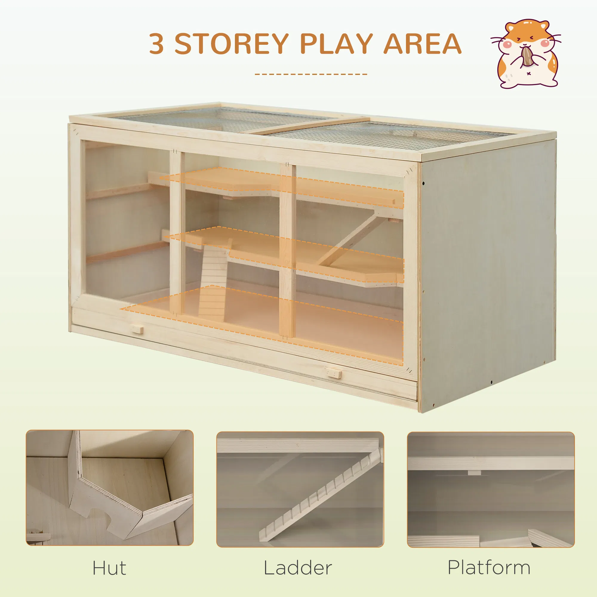 Wooden Hamster Cage Rat Cage with Slide, Tray, Natural Wood — image 3