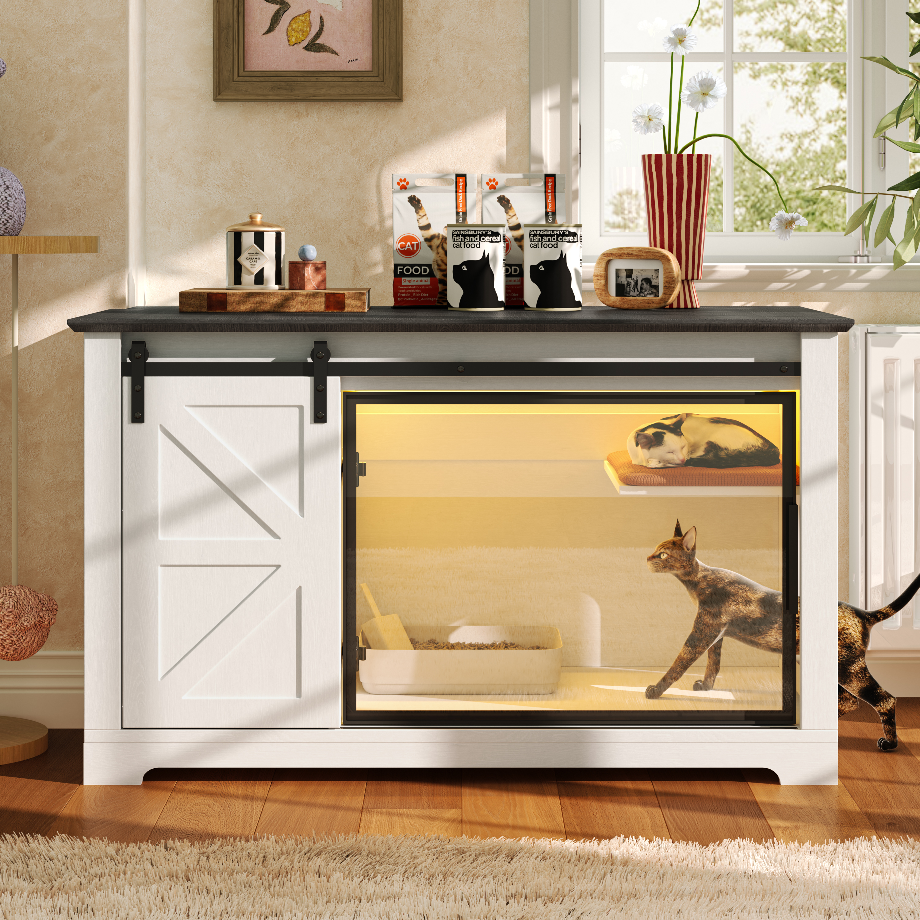 Mueble ocultador de arenero de 46" estilo granja con puerta corrediza tipo granero, blanco, puerta grande oculta de acrílico, gabinete para gato con luz LED, mueble para baño de gato con espacio de almacenamiento, mesita de noche tipo casa de gato, blanco — imagen 1