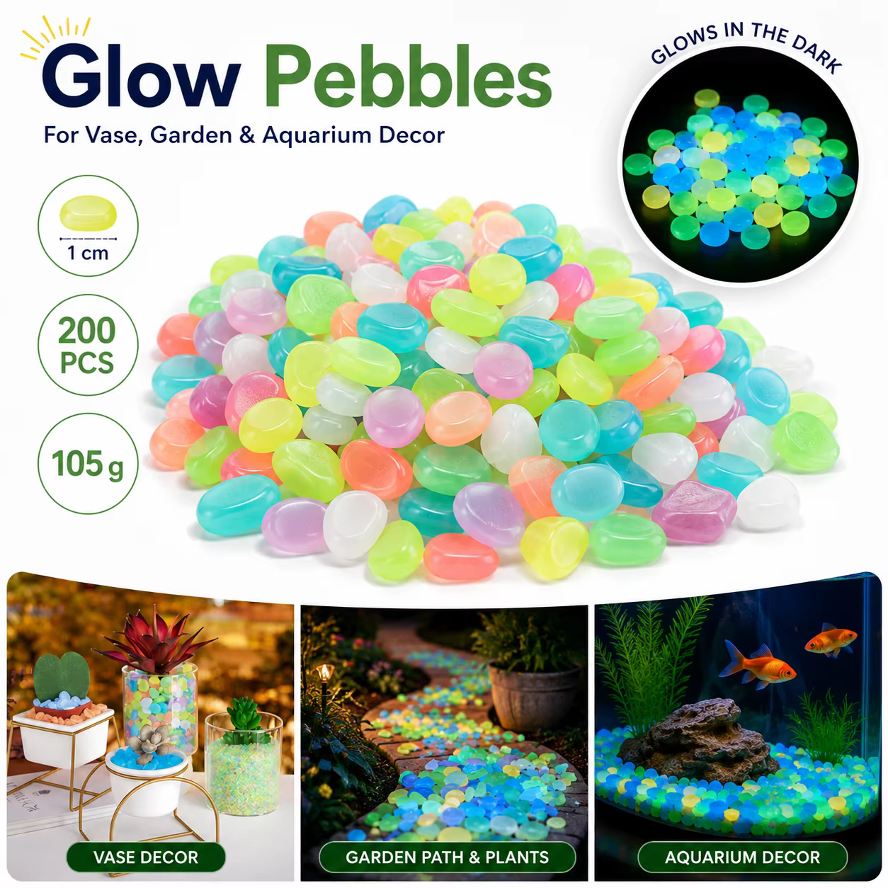 200 Piedras Fosforescentes de 1cm, Piedras Luminosas Multicolor para Acuario, Pecera, Florero, Jardín y Senderos, Adorno de Roca Fluorescente que Absorbe la Luz — imagen 1