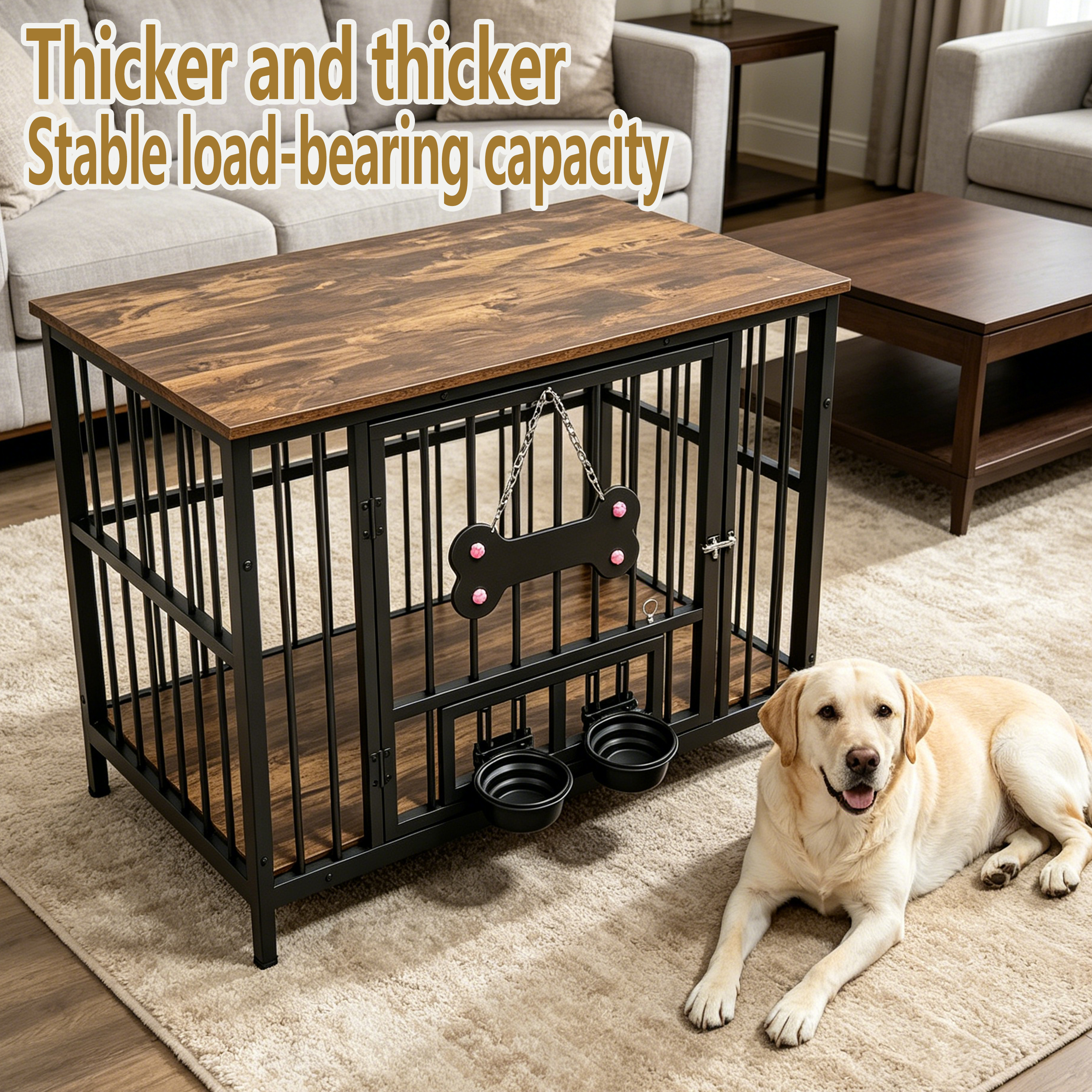 Caja de perro en madera antigua con borde de grano de madera, tazón giratorio 360° con material suave de silicona de seguridad grado — imagen 3